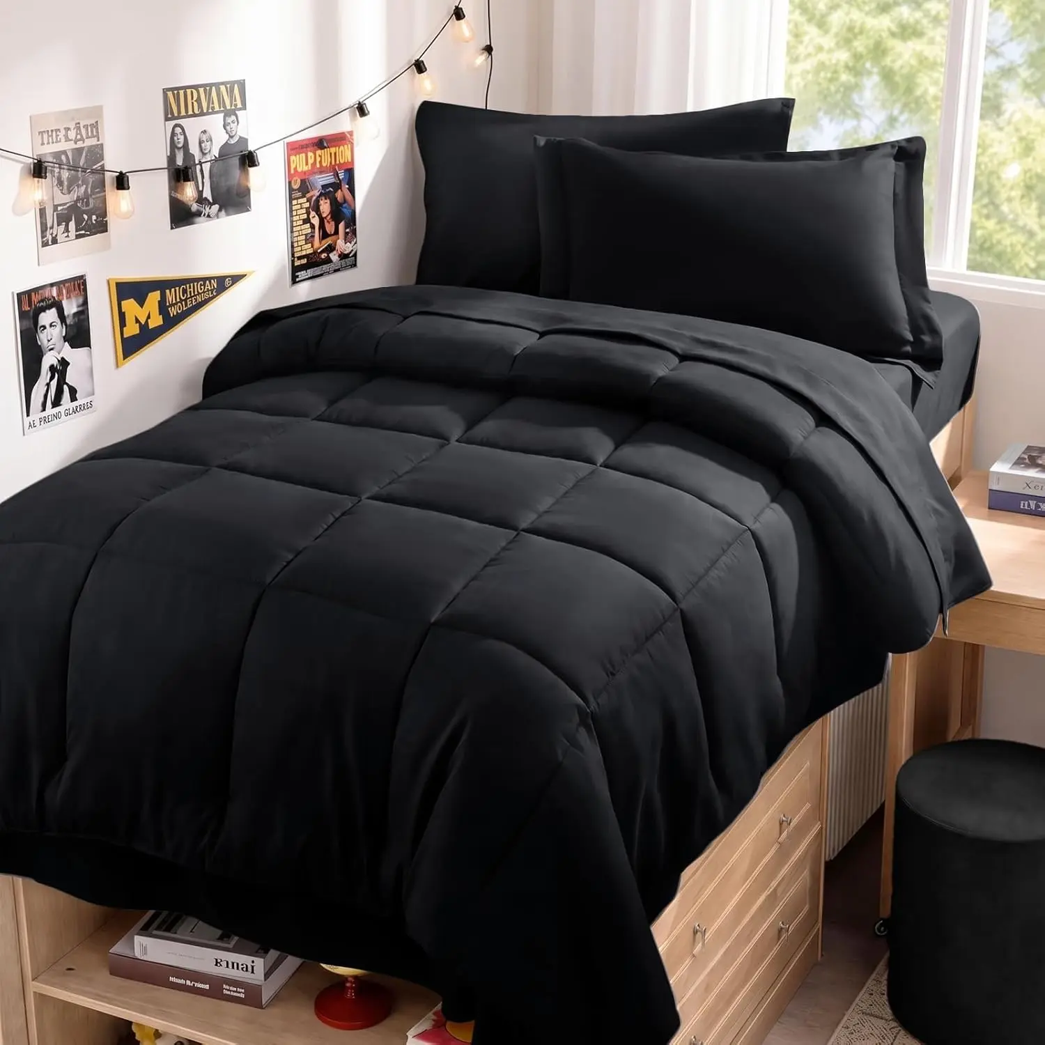 Twin Comforter Set,-Soft Bed in a Bag Twin Size 5 Pieces, Oeko-TEX Certified Bedding Set with Down Alternative Comforter, Sheets, Pillowcases & Shams, Black
