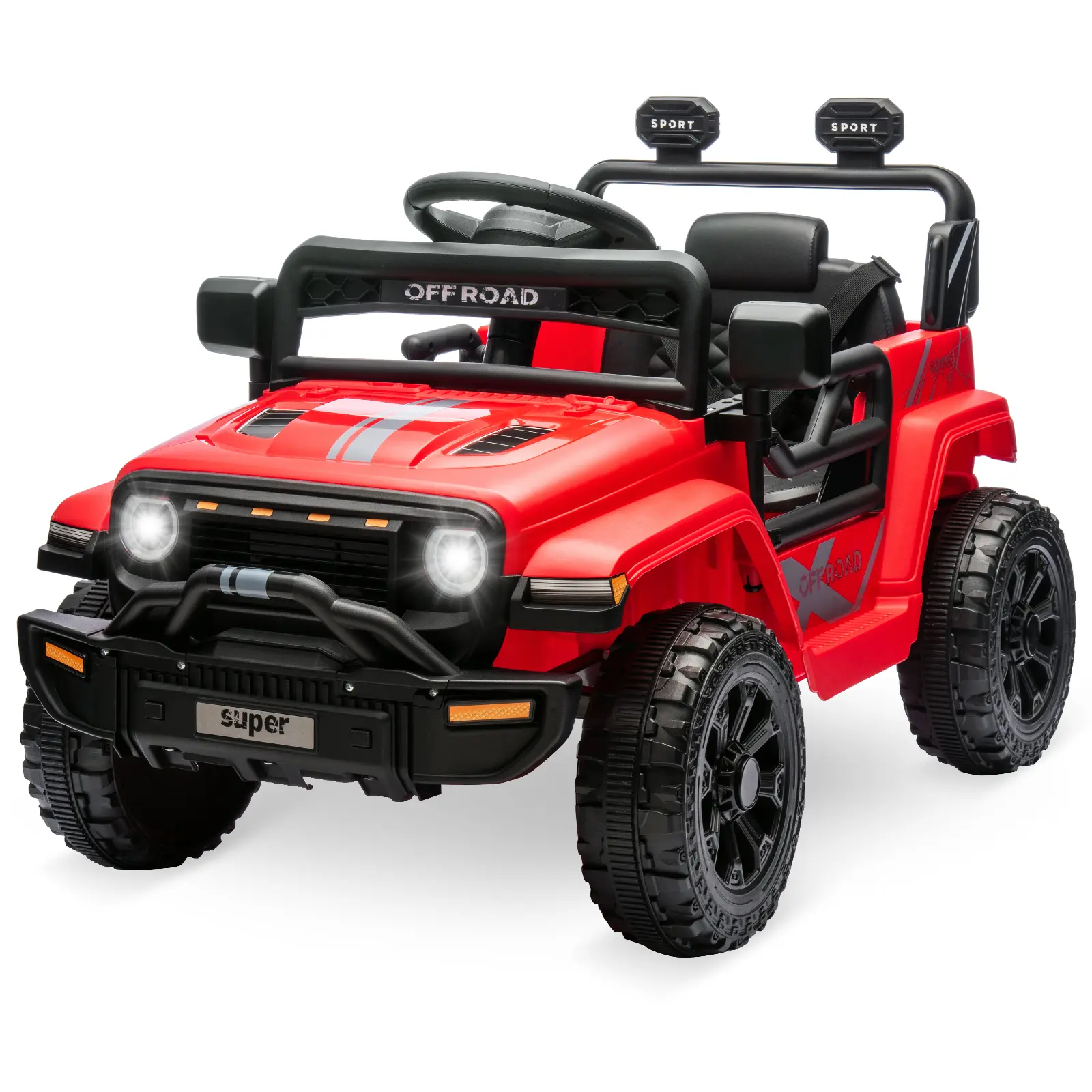Garvee 12V Kids Ride-On Truck Electric Car with Parent Remote Control - Dual 25W Motors, 2 Speeds, Spring Suspension - LED Headlights, Music - Ages 3-5 - Blue/Red