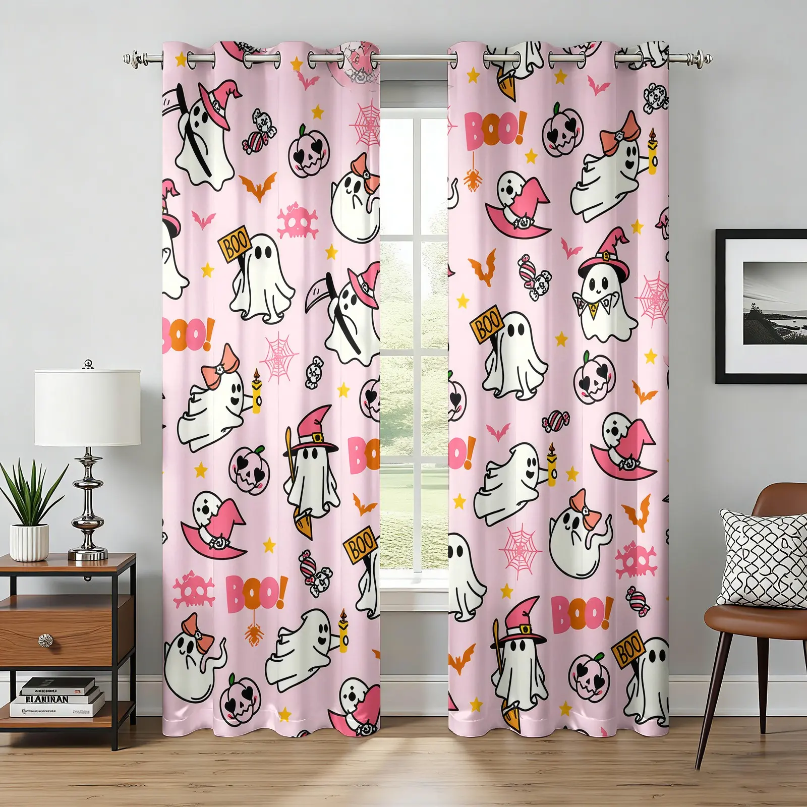 Cute Pink Ghost Halloween Curtains, 2 Panels Spooky Cartoon Boo Ghost Spider Web Pattern Darkening Curtains, Kawaii Gothic Aesthetic Light Blocking Window Treatments for Kids Girls Bedroom Living Room