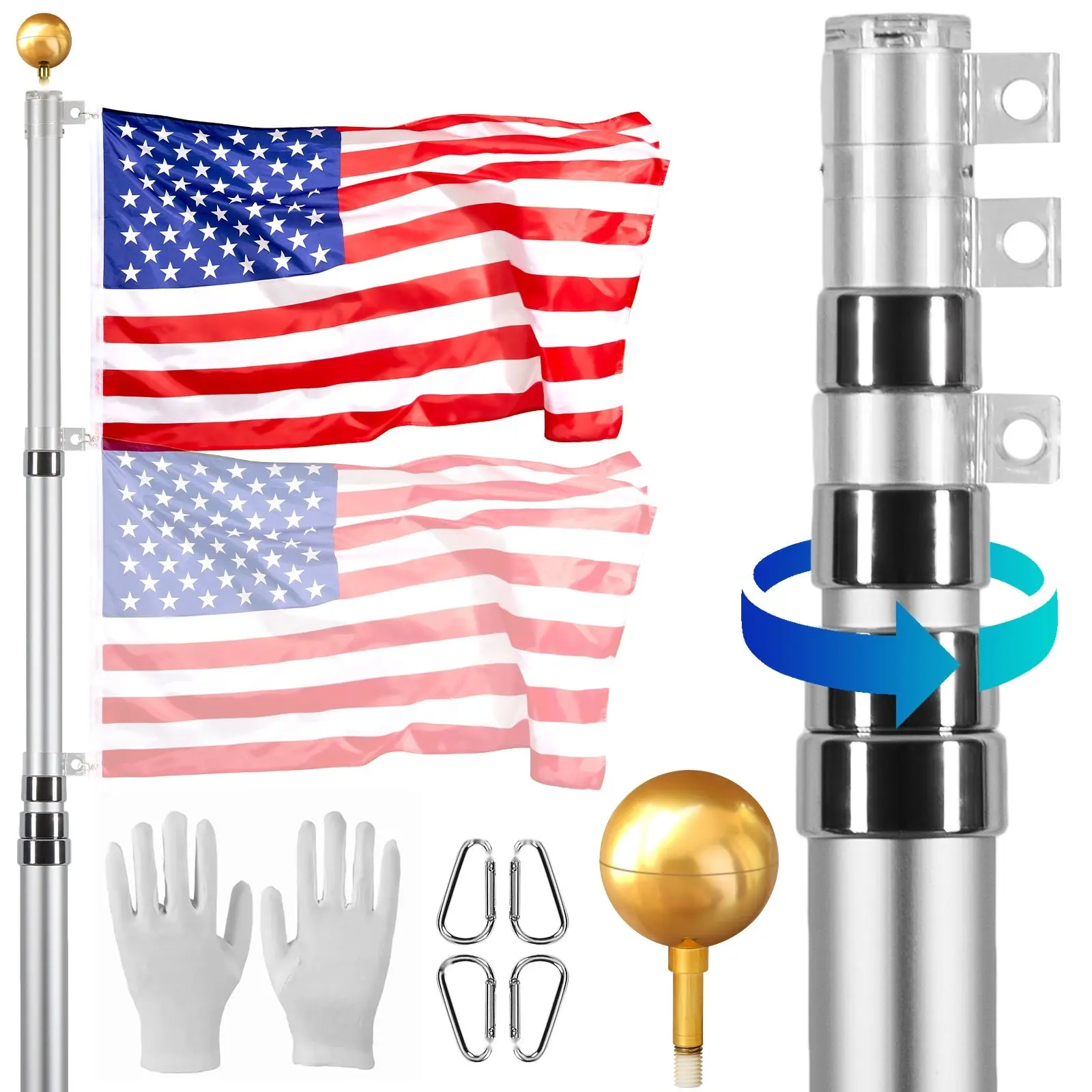 25-Foot Telescoping Flag Pole Kit with Heavy Duty Aluminum Alloy Ground Install, Outdoor Flagpole System in Silver Finish, Three Display Modes, Includes 3x5 American Flag and Professional Accessories