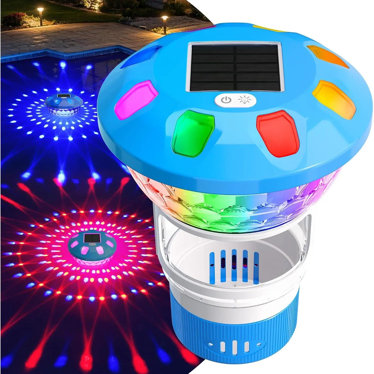 2026 Upgrade Pool Chlorine Floater, Solar Chlorine Floater with Colorful Light, Button Control Floating Chlorine Dispenser for Pool, Adjustable Flow Chlorine Floater, Pool Chlorinator-Blue