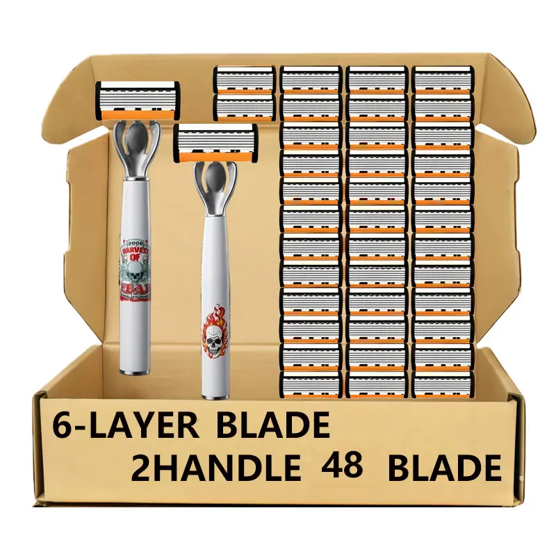 Men's 6-blade safety razor set—includes 2 handles and 48 replacement blades; gentle on sensitive skin and delivers a smooth, effortless shave for thick beards when used with shaving cream. A perfect gift for your boyfriend. Manual Shaving Kit