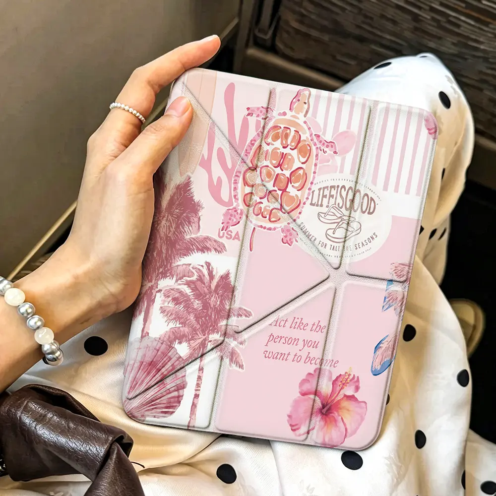 Yshaped Sea Turtle Beach Tablet Protective Case， Pink Tropical Aesthetic Style， Compatible With Apple ipad 10th generation/IPAD Pro 13 2024/pro 12.9 2022/pro 11 2022/IPAD Air1/2/3/4/5/6th， With Pencil holder， Sleep/Wake Support