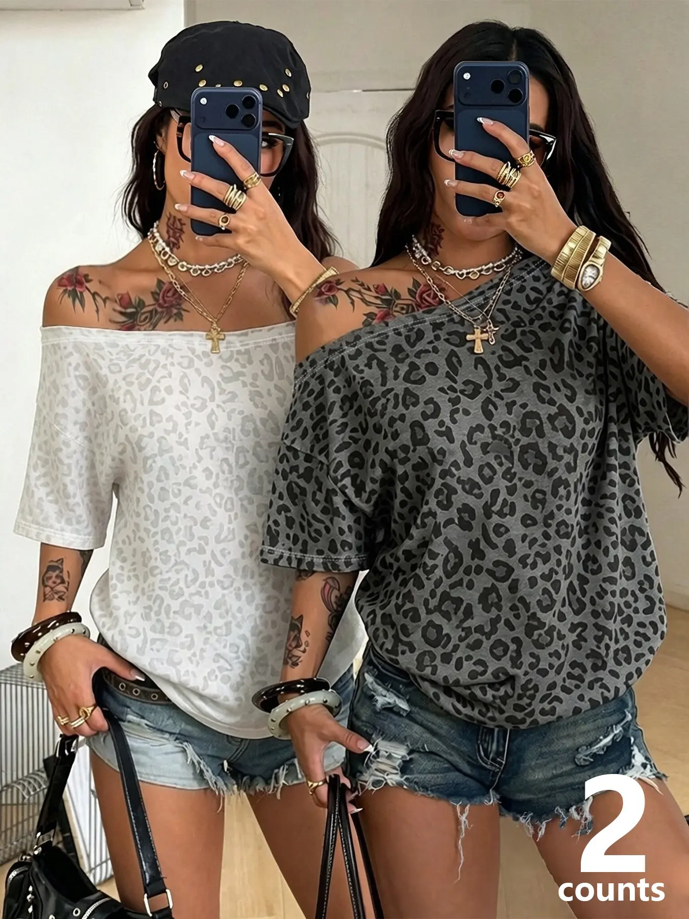 2 Pcs Women's Off Shoulder Short Sleeve T-Shirts, Leopard Print Loose Casual Slash Neck Tops For Daily Street Outfits