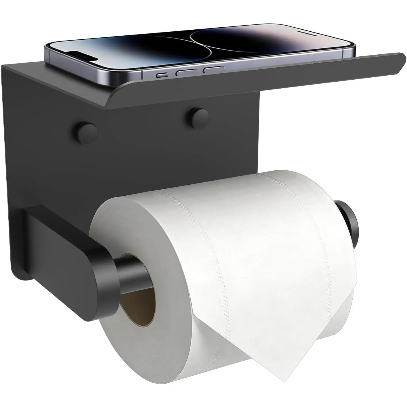 Matte Black Wall Mount Toilet Paper Holder with Shelf - Rustproof Stainless Steel Bathroom Hardware Accessory, Adhesive or Screw-In Installation, Modern Drop-Proof Design for Bathrooms