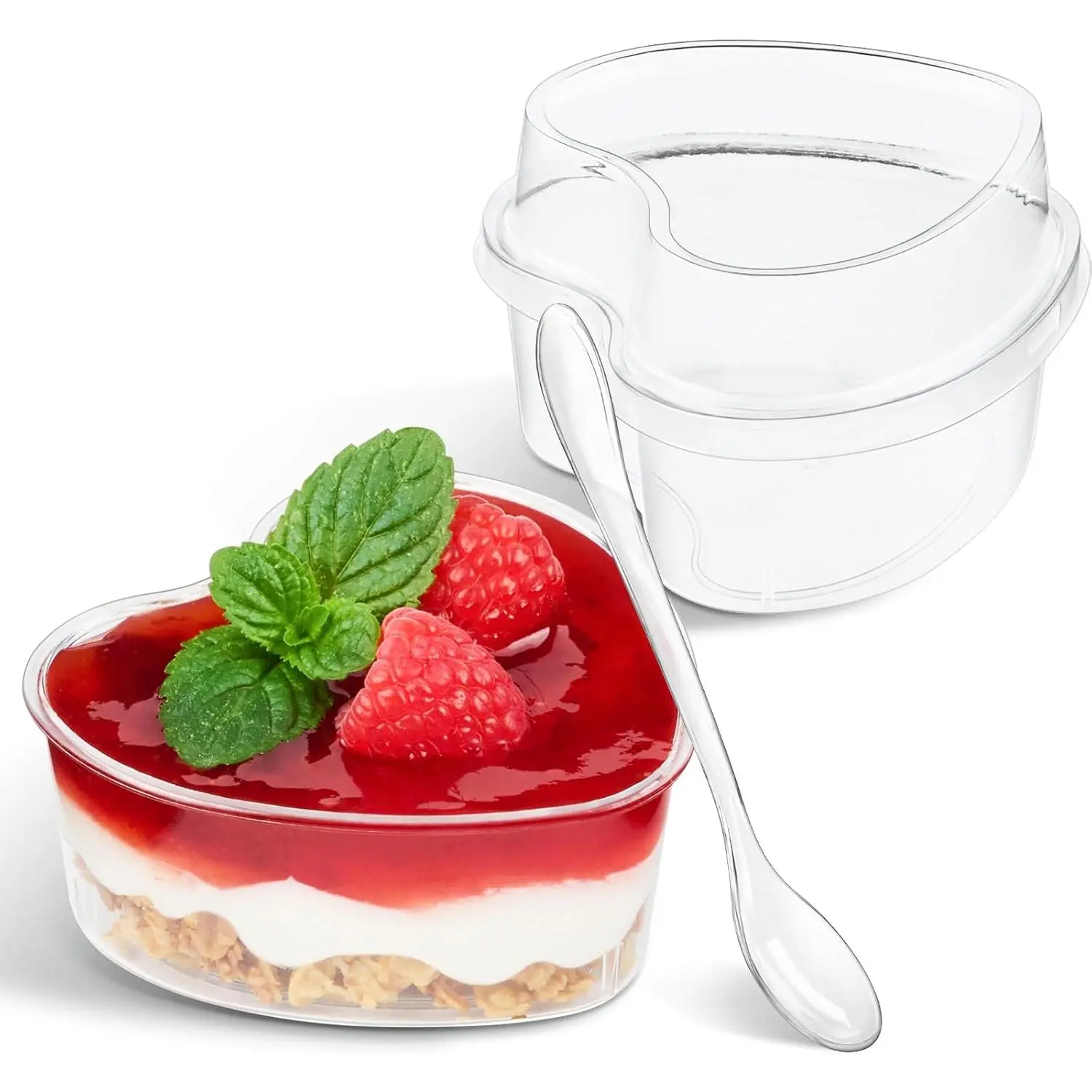 5 oz Heart Shaped Dessert Cup with Lid and Spoon, 150 count Serves 50 | Mini Plastic Dessert Shooter Cups, For Parfait, Cheesecake, Mousse, Appetizers, Jello Shot and Puddings