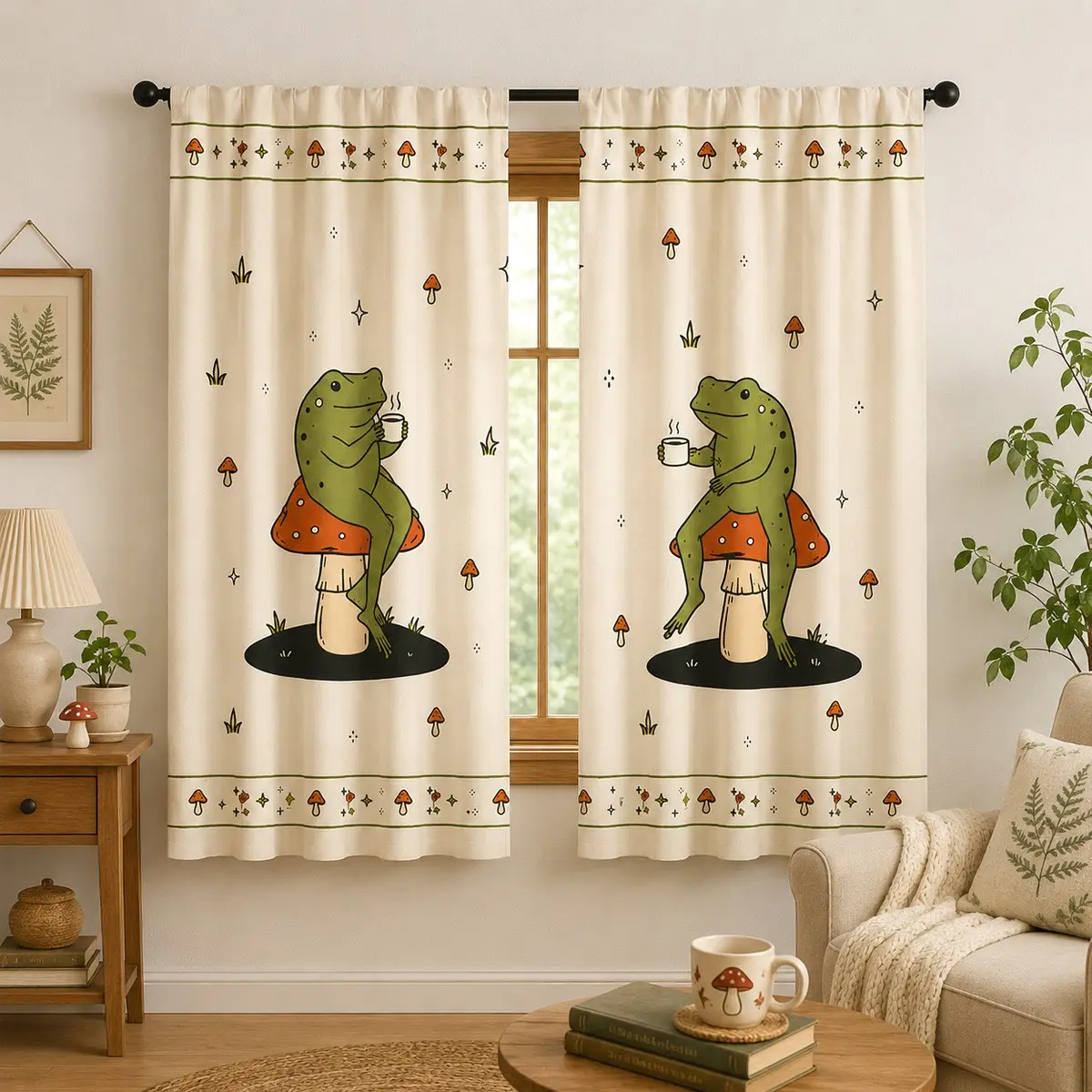 2-Pack Cartoon Frog Mushroom Print Curtains, Rod Pocket Design, Semi-Transparent Privacy Drapes, Bedroom Living Room Kitchen Decor