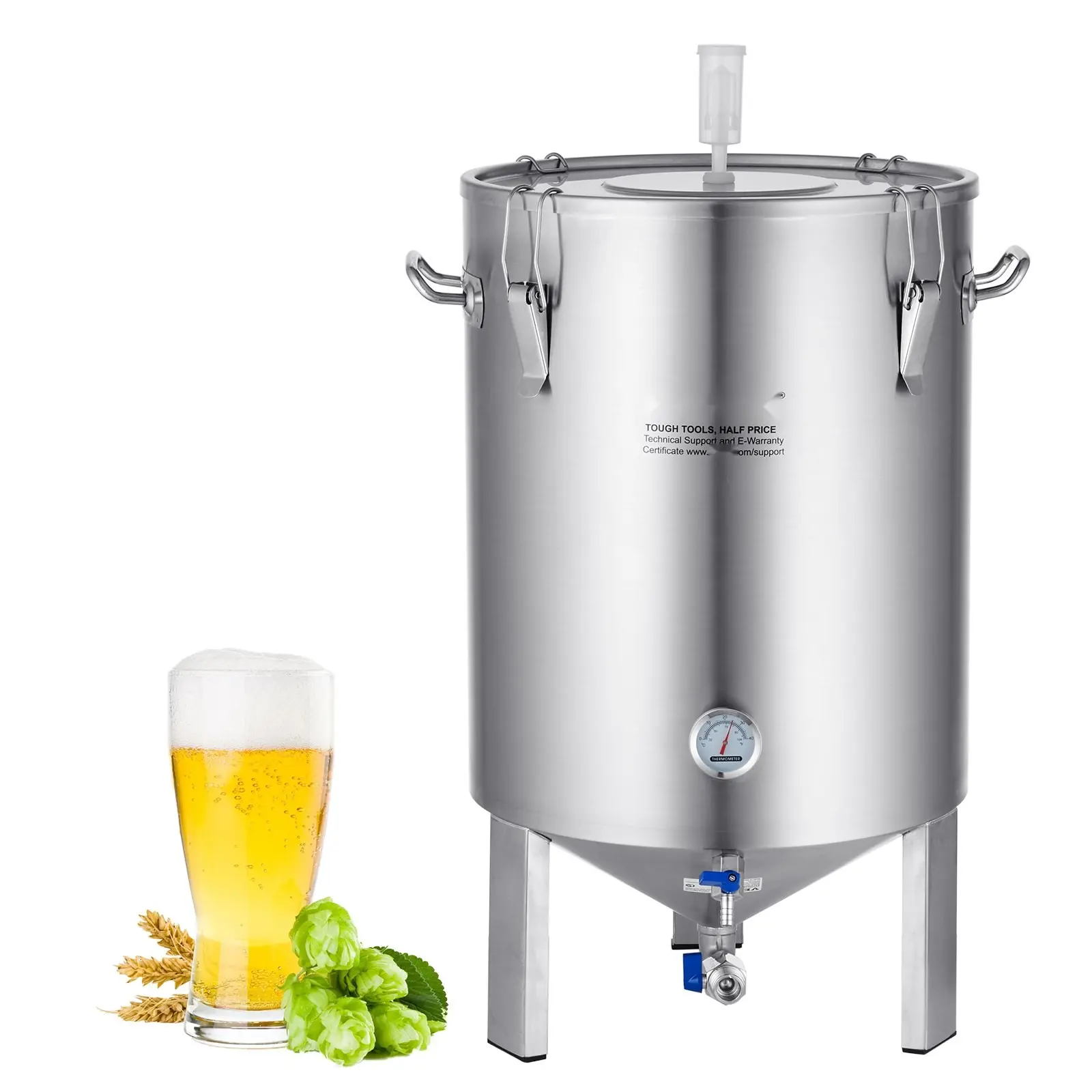 304 Stainless Steel Kettle And 16 Gallon Beer Brew Fermentor For Home Brewing, Durable Stock Pot With Base, Lid, Handle, Valve, Spigot, Thermometer, And Brew Accessories For Fermentation