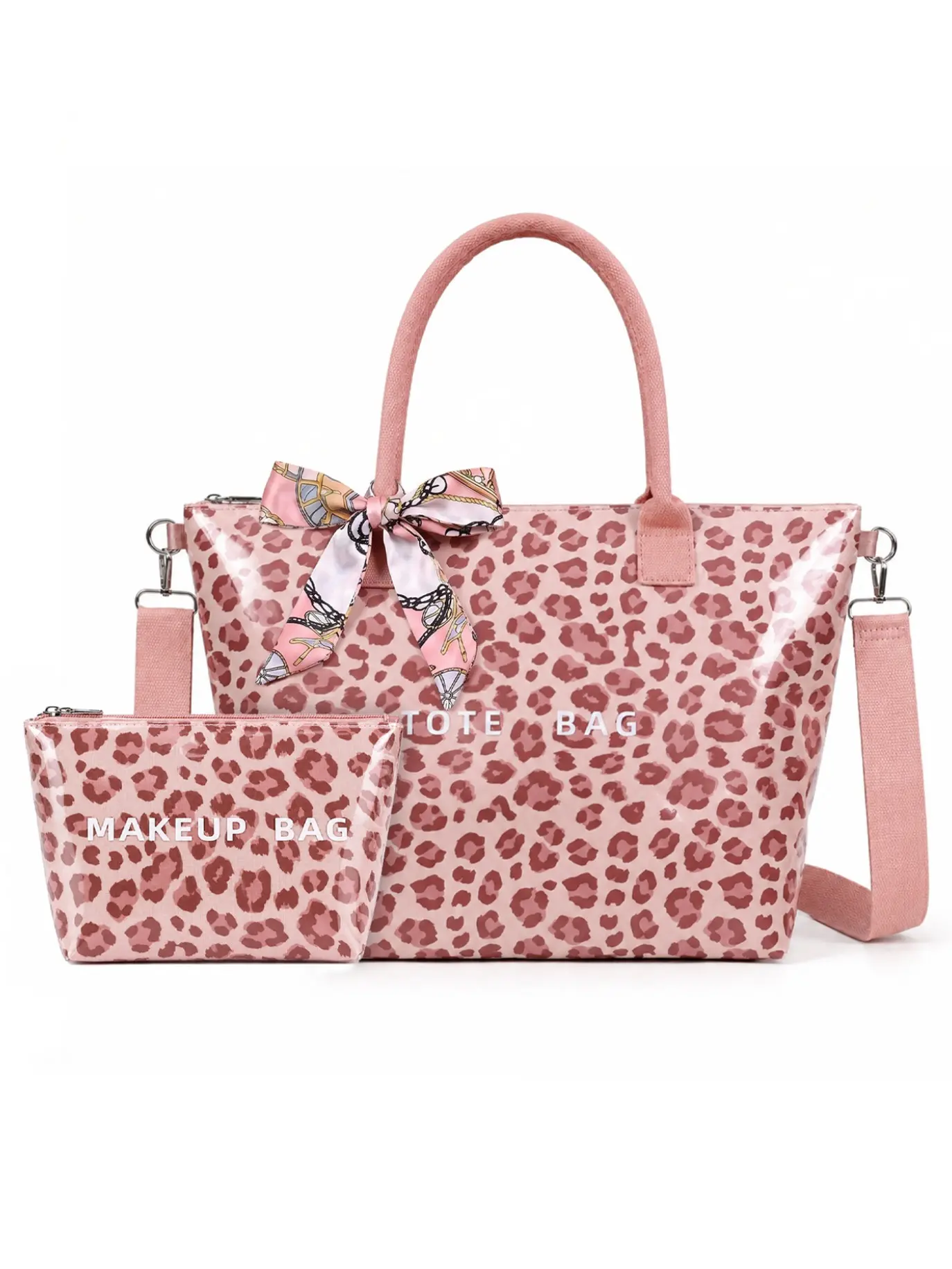 2 Piece Set Women's Leopard Print Tote Bag, Large Capacity Shoulder Crossbody Bag, Adjustable Strap, Fashion Commute Shopping Travel Bag with Makeup Pouch, Fashion Patterned Bag