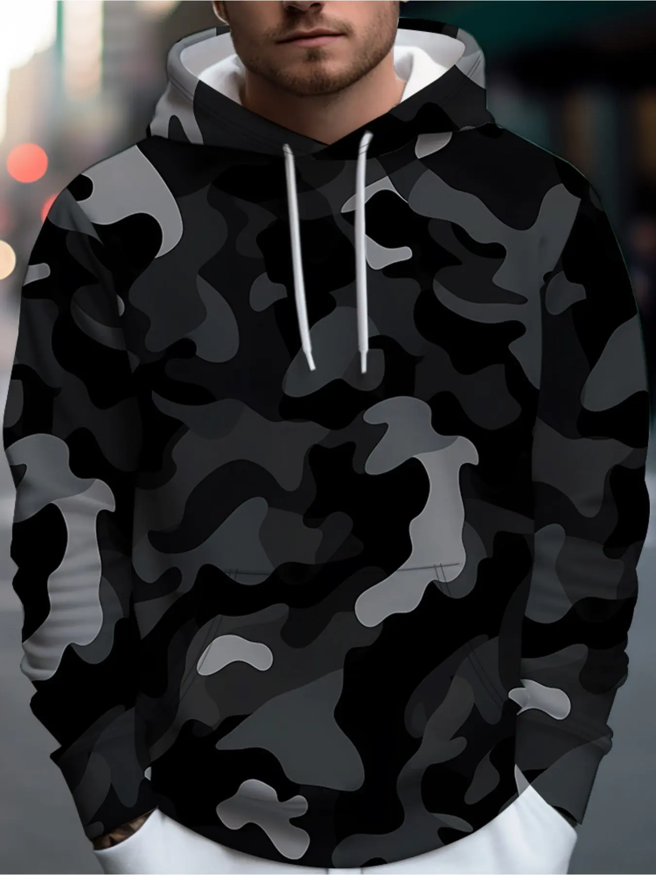 Men'S Casual Pullover Hooded Sweatshirt Machine Washable Suitable For Travel And Daily Wear - Loose Fit Digital Print Pattern Comfortable And Fashionable Autumn And Winter Clothing