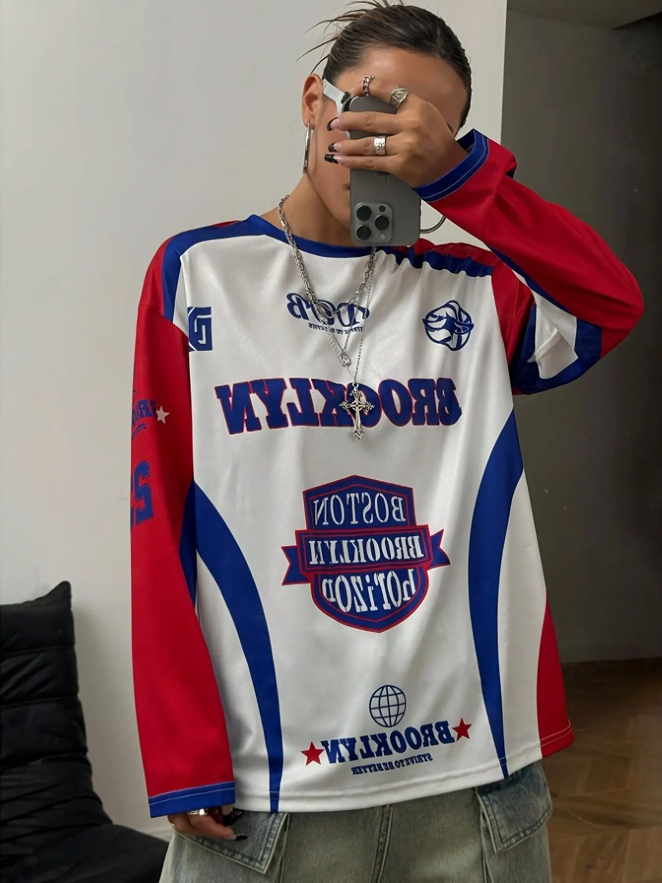 Blue Colorblock Brooklyn American Racing Long Sleeve Jersey, Vintage High Street Loose Fit Sport Top, Y2K Style