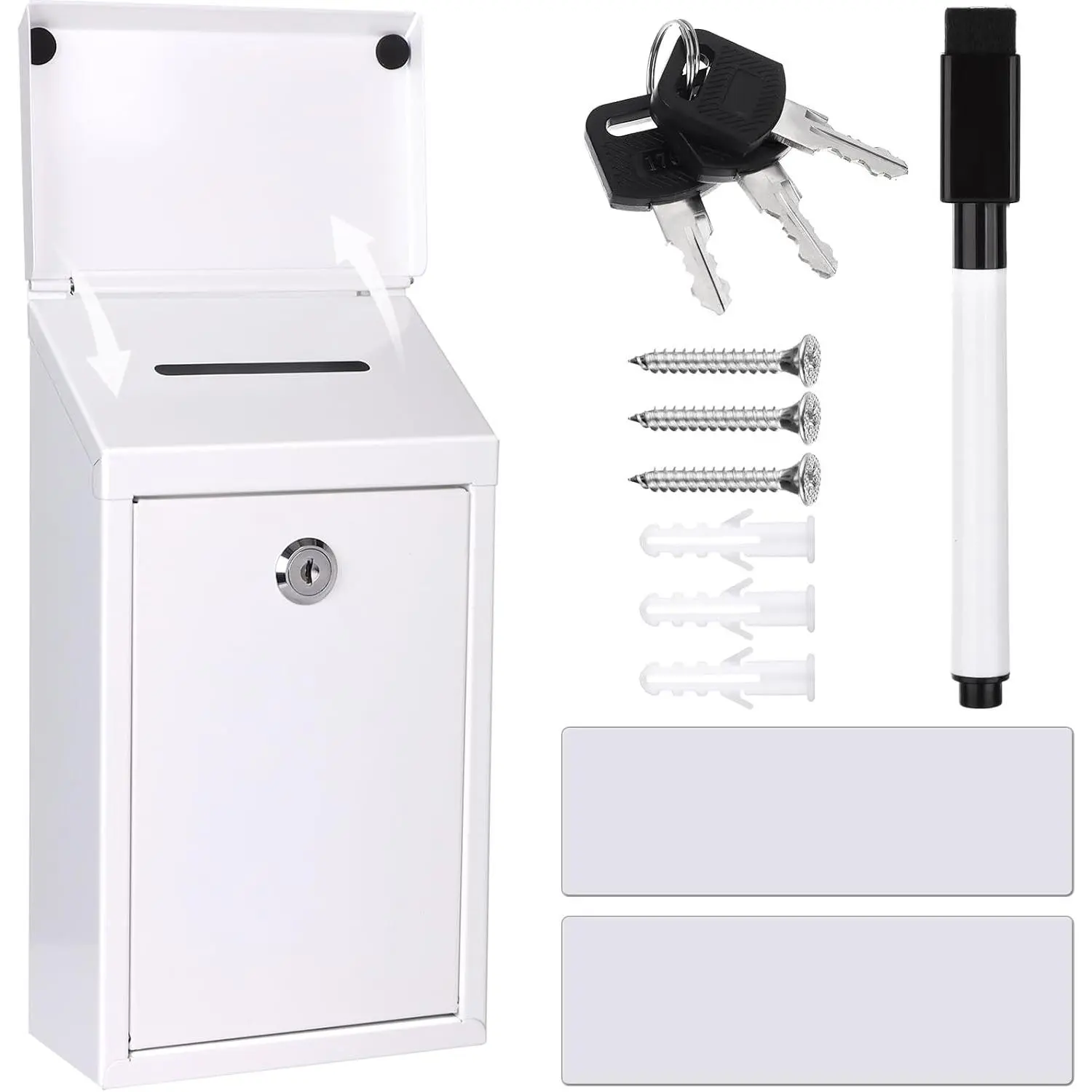 Metal Donation Box Charity Steel Collection Box Office Suggestion Secure Mailbox with Top Slot and Lock with Keys Wall Mount Waterproof Mailbox for Home Office (White, 10.2 x 5.7 x 2.9 Inch)