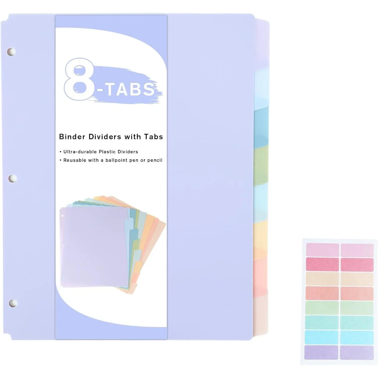 8 Tabs 3 Ring Binder Dividers with Tabs, Write Erase Plastic Dividers for 3 Ring Binder, Letter Size Notebook Page Divider for Student, Teacher, School, Office (Cute Pastels)