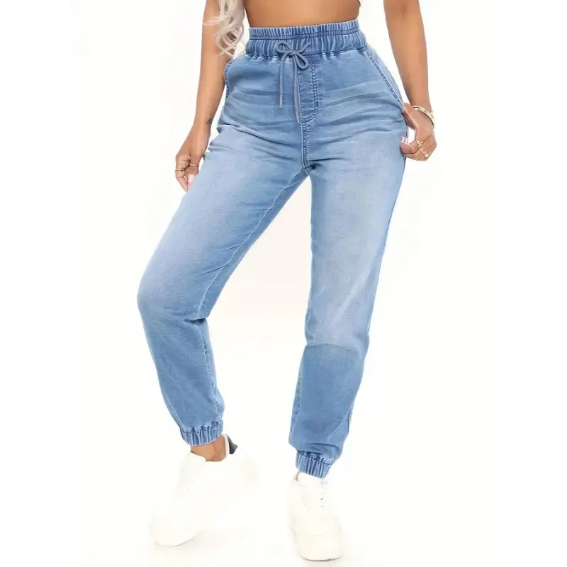 Women's Stretch Denim Joggers with Drawstring Ankles - Light Blue Elegant Washed Jeans, Comfortable Mid-Rise Design, Machine Washable, All-Season Casual Wear,  Relaxed Fit Denim | Blend Fabric Spandex Womenswear pantaloons bootcut  jeans
