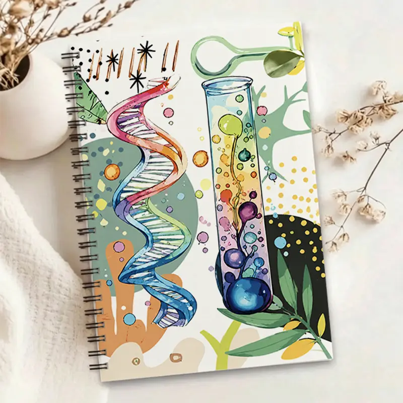 1pc Biology Science Themed Notebook, Creative Watercolor Cover with DNA & Test Tube Design, Ideal for Students and Science Enthusiasts to Record Ideas, Plans and Daily Schedules