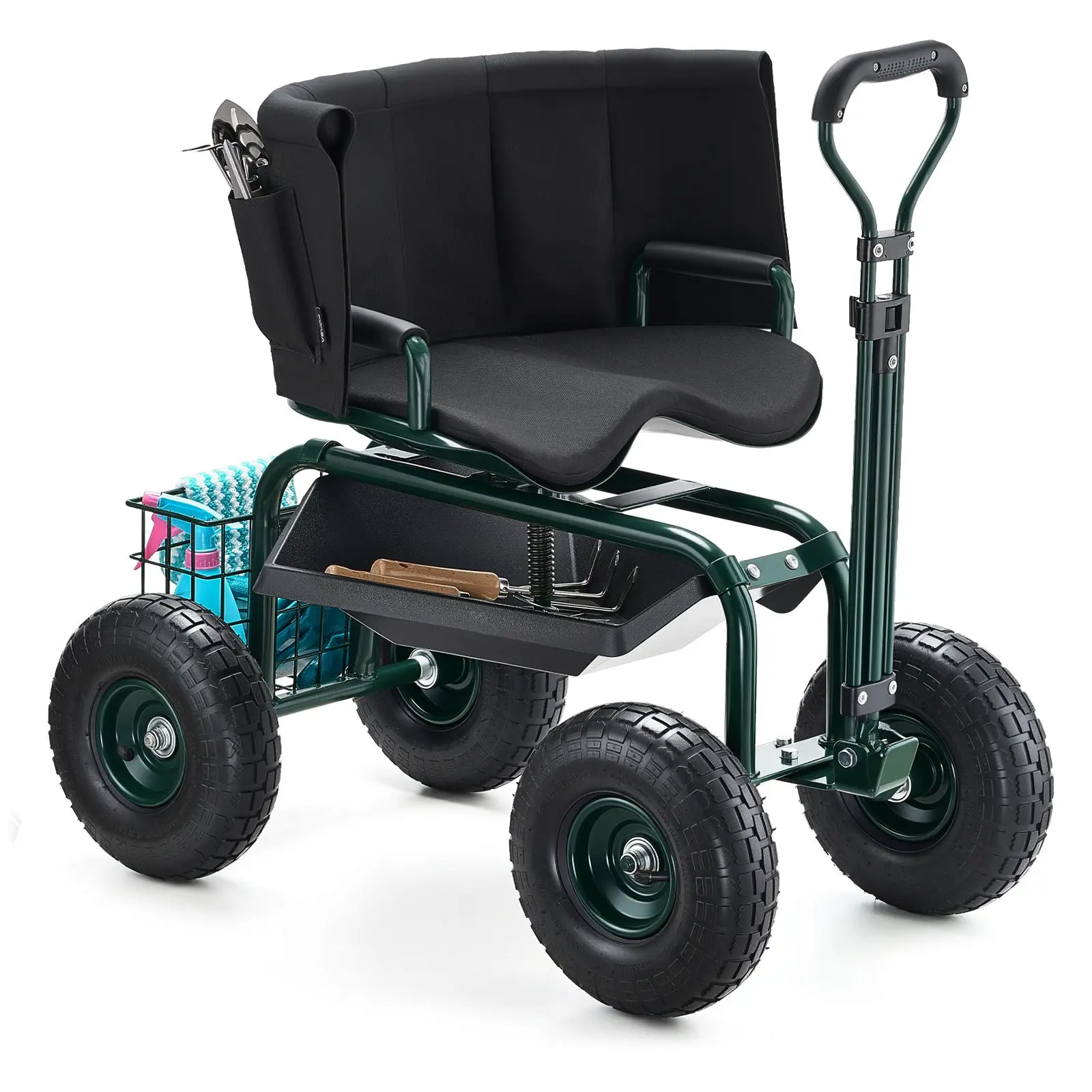VEVOR Rolling Storage Cart Garden Seat with Wheels, 360-Degree Swivel Height-Adjustable Seat, 400lbs Capacity, Ergonomic Backrest Tool Storage Bench for Garden, Yard
