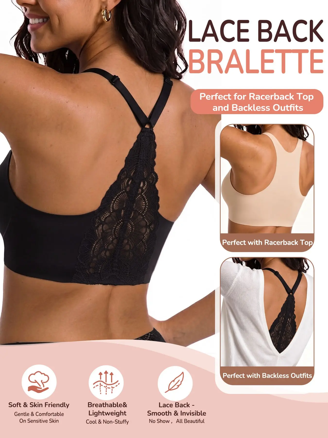 Women’s Black Lace Racerback Bra, Sexy Comfort, Non-Wired Jelly Light Support Bralette for Vests, Evening Looks & Open-Back Outfits