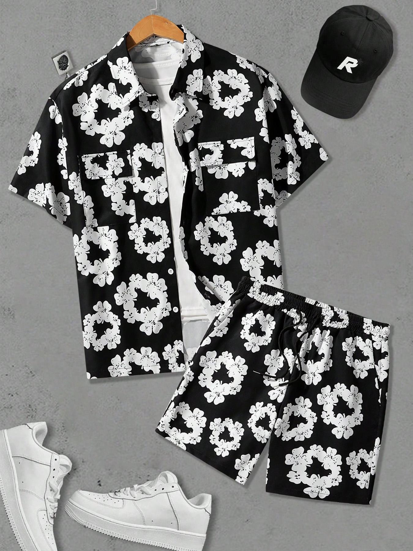 Men's Floral Print Shortsleeve Top & Shorts Two-piece Set, Regular Fit Casual Fashion Cozy Short Sleeve Collared Top & Track Shorts for Daily Outdoor Wear, Menswear for Summer, Tops Shorts Set