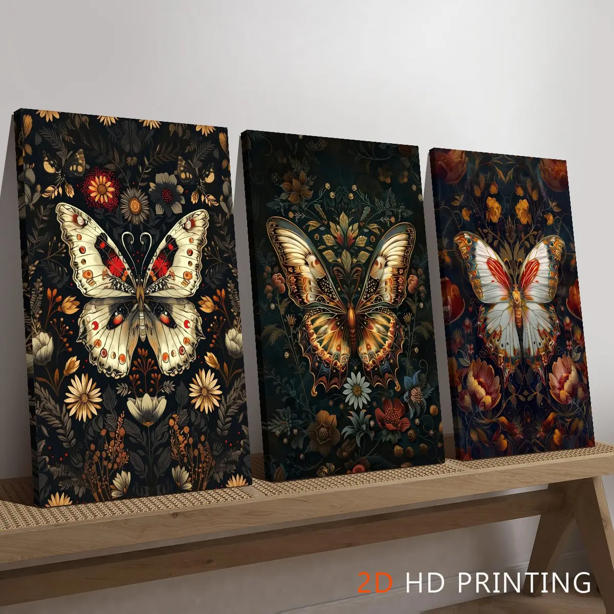 Butterfly Triptych 3-Piece Framed Canvas Wall Painting - Wood Frame, Hanging-Ready Print - Living Room Decorative Wall Art - Ideal Housewarming Christmas Gift