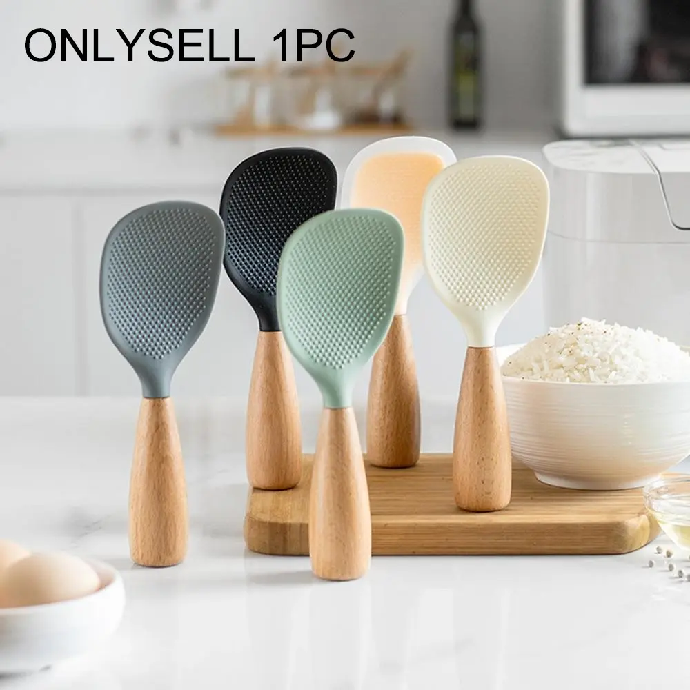 Silicone Spoon with Wooden Handle, 1 Count Non-stick Heat Resistant Rice Spoon, Heat Resistant Spoons, Kitchen Utensils for Cooking, Kitchen Cooking Accessories