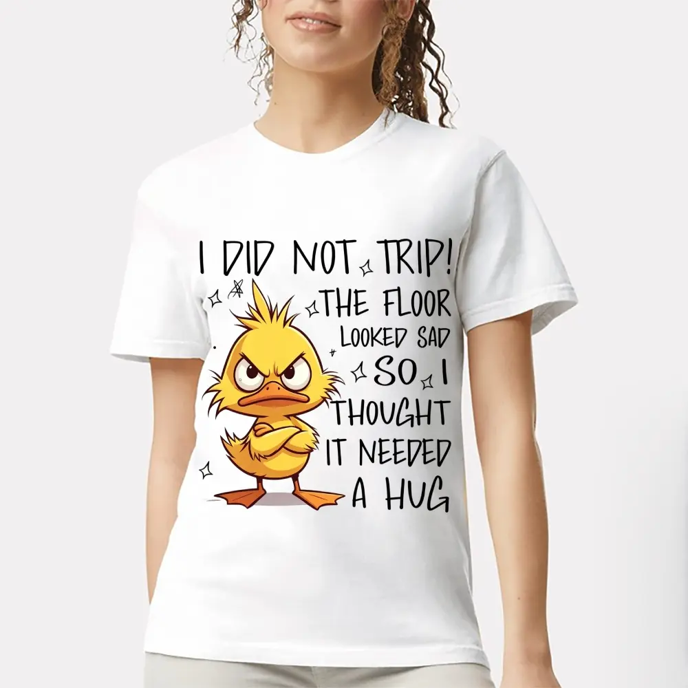 Funny Slogan T-Shirt "I Did Not Trip! The Floor Looked Sad So I Thought It Needed A Hug" With Angry Duck Graphic - Breathable Summer Casual Top, Loose Fit Short Sleeve Shirt For Humor Daily Attire