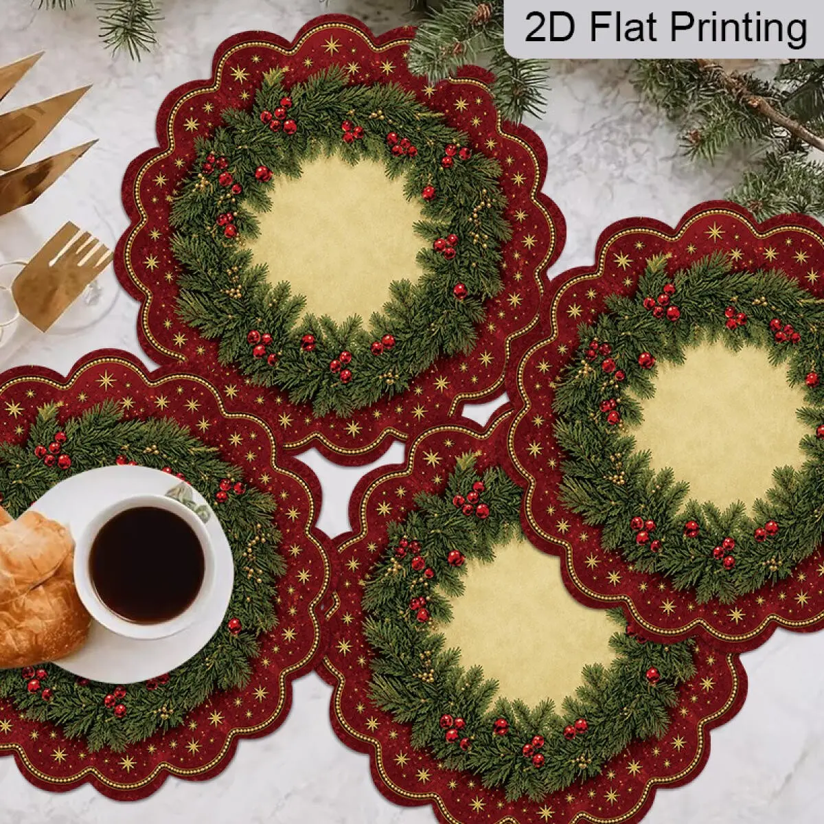 4pcs/set Christmas Table Placemats, Wine Red Wreath Star Pattern, Christmas Party Table Decor, Kitchen Dining Table Mats, Christmas Themed Home Decor, Fall Season Table Decoration, Christmas Gift Table Mats for Friends, Family, Mom, Dad, Sisters