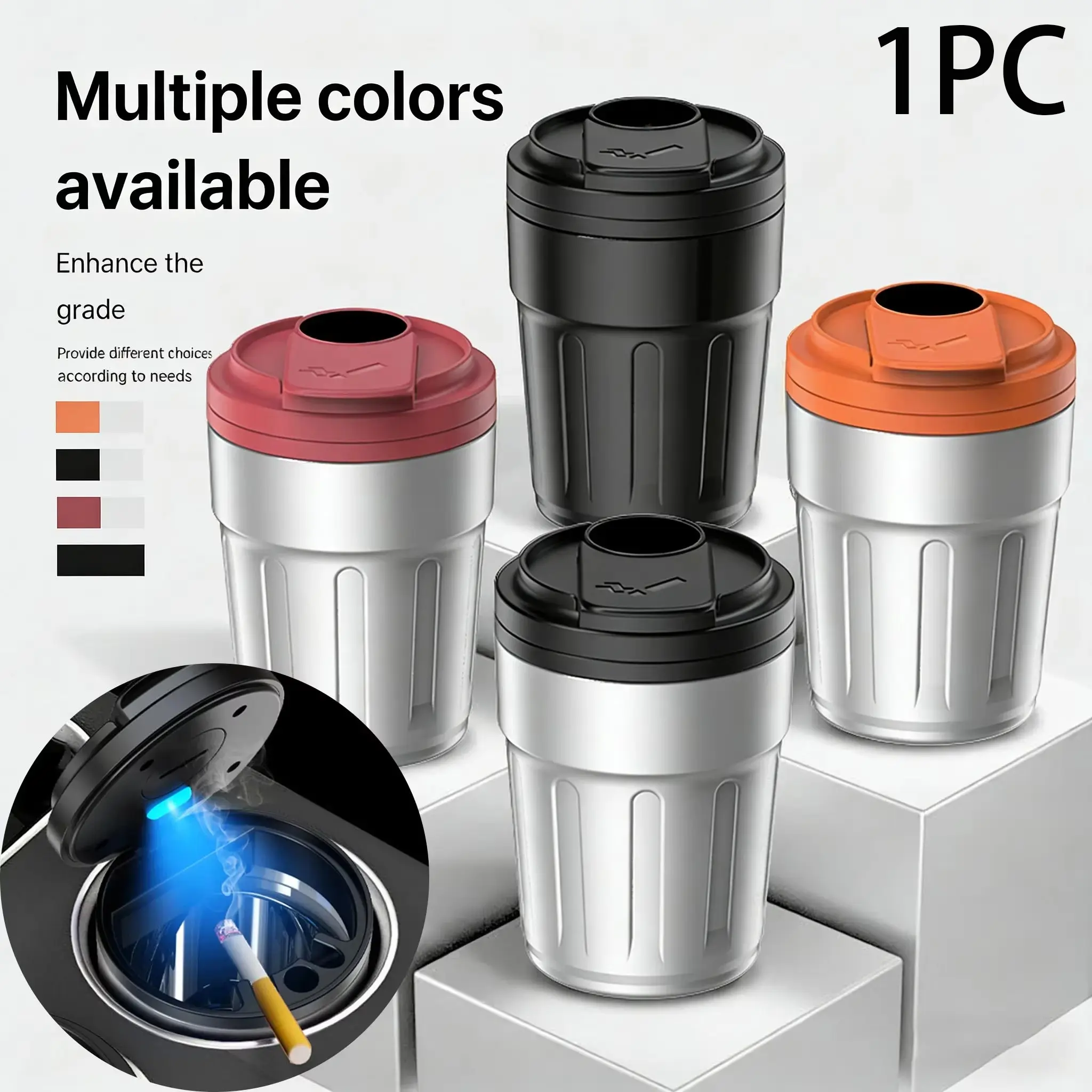 Universal Car Ashtray with Blue LED Indicator Light, Fireproof Heat Resistant Alloy Inner Liner, Detachable Portable Vehicle Ash Cup Holder with Multi-Size Cigarette Slot for Most Cars, Car Essentials