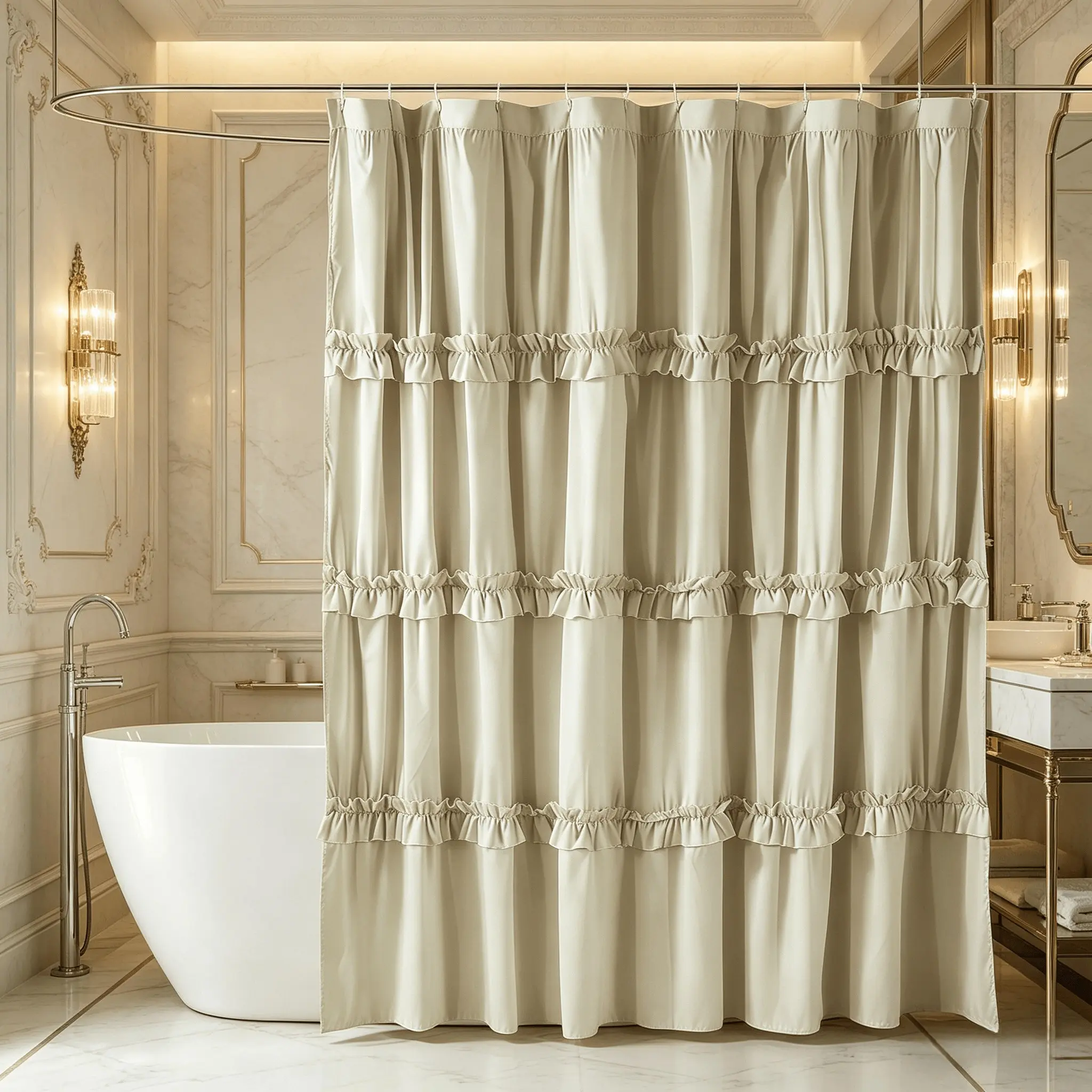 Ruffled Fringe Shower Curtain, 72x72 Inch Polyester Fiber, Artistic Patchwork Design, with Eyelets for Hanging, Bathroom Decor
