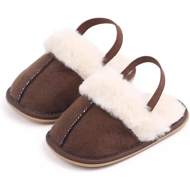 Baby House Slippers for 0-18 Months Boys Girls, Fuzzy Fleece Slip-On Shoes with Heel Strap, Cozy Prop 65 Safe Non-Slip Soft Sole Indoor Outdoor Footwear