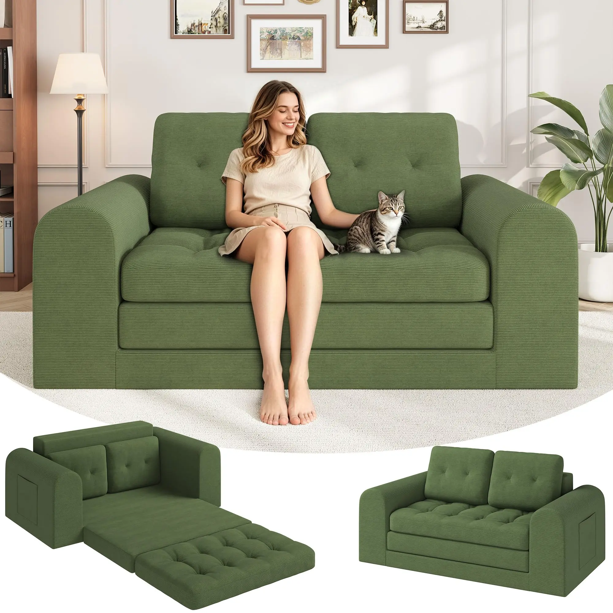 Garvee Convertible 59" Corduroy Folding Loveseat Sofa Bed - 2-Seater Foldable Futon with Round Armrest, No Assembly Required, Compressed Floor Sofa for Living Room and Bedroom in Green