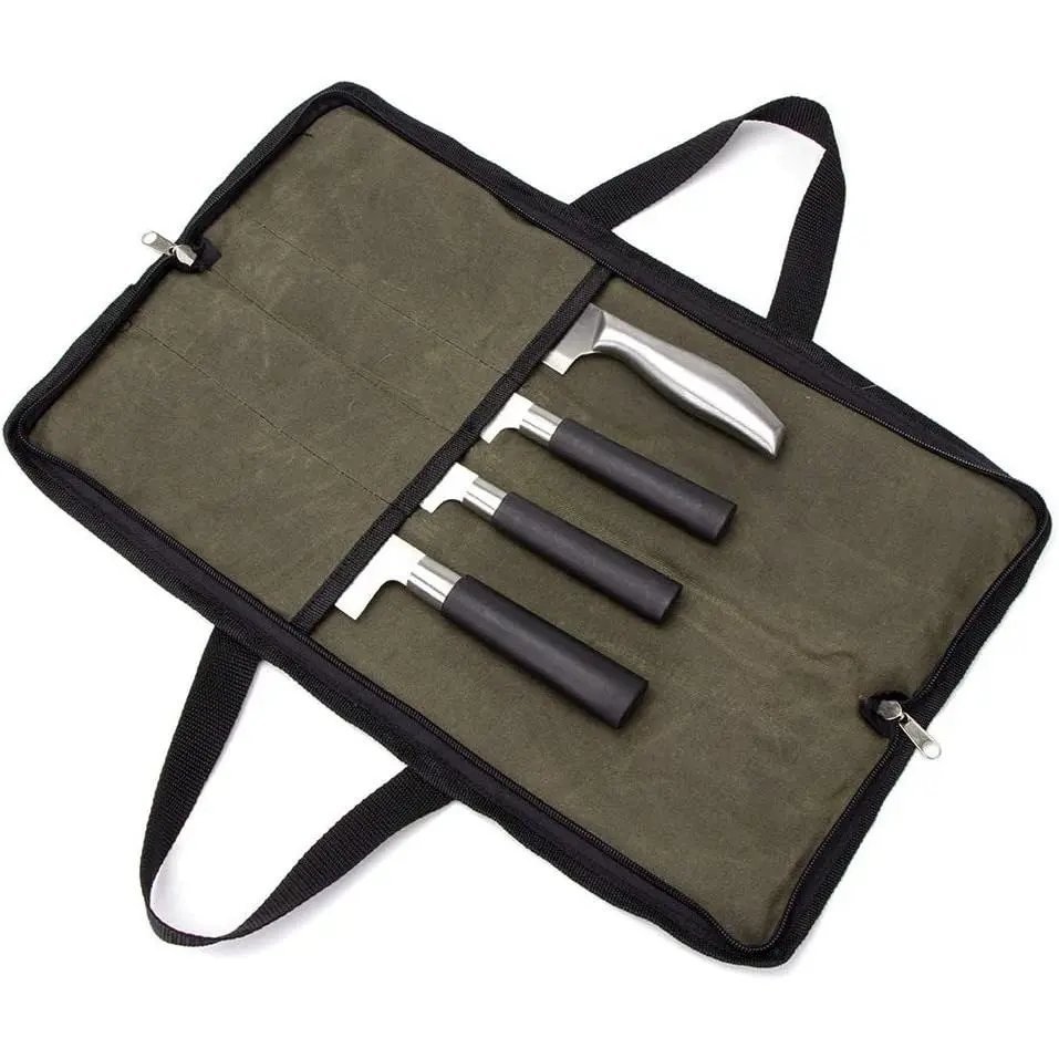 Knife Roll,Heavy Duty Knife Bag,Waxed Canvas knife Case with 4 Slots for Knives & Kitchen Tools,Chef Knife Bag with Handle.Portable Knife Roll Bag for Stroage Home Traveling Camping.Case Knives Pouch
