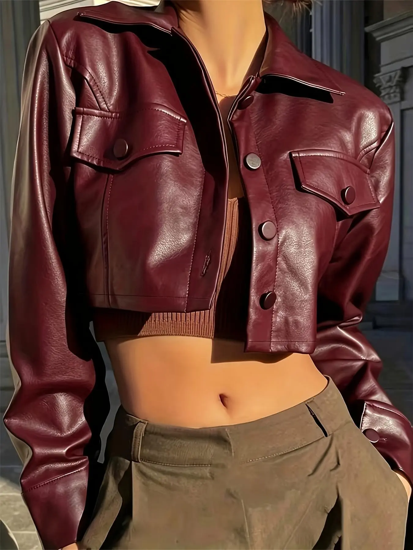 Y2K Retro Vintage Short PU Jacket for Women, Lapel Pocket Button Design, Slim-Fit Motorcycle Leather Coat, Fashion Streetwear for Fall & Winter