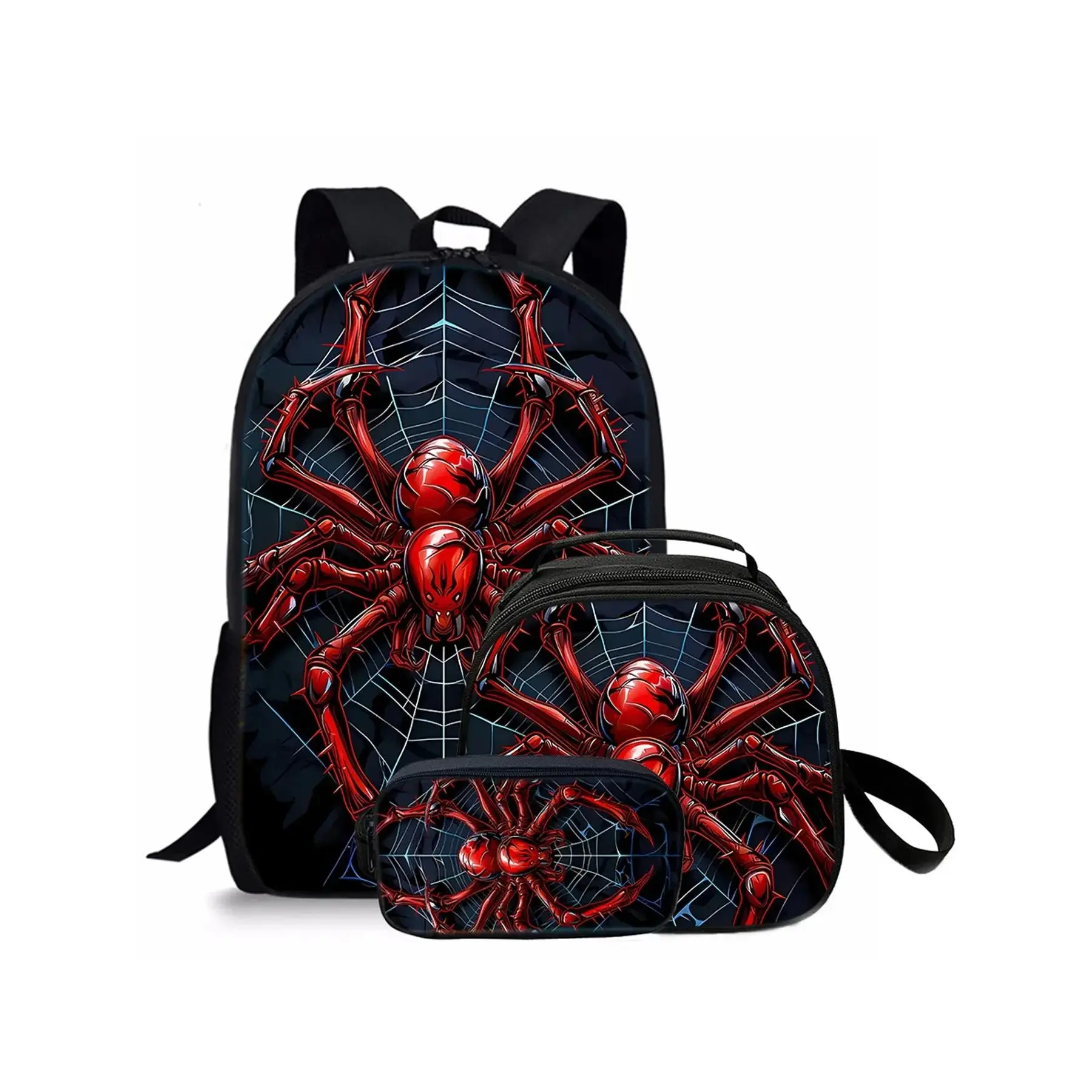 Red spider pattern printed 17-inch backpack for school three-piece set (single-layer backpack + shoulder strap round lunch bag + single-layer pencil bag) Artsy Bag