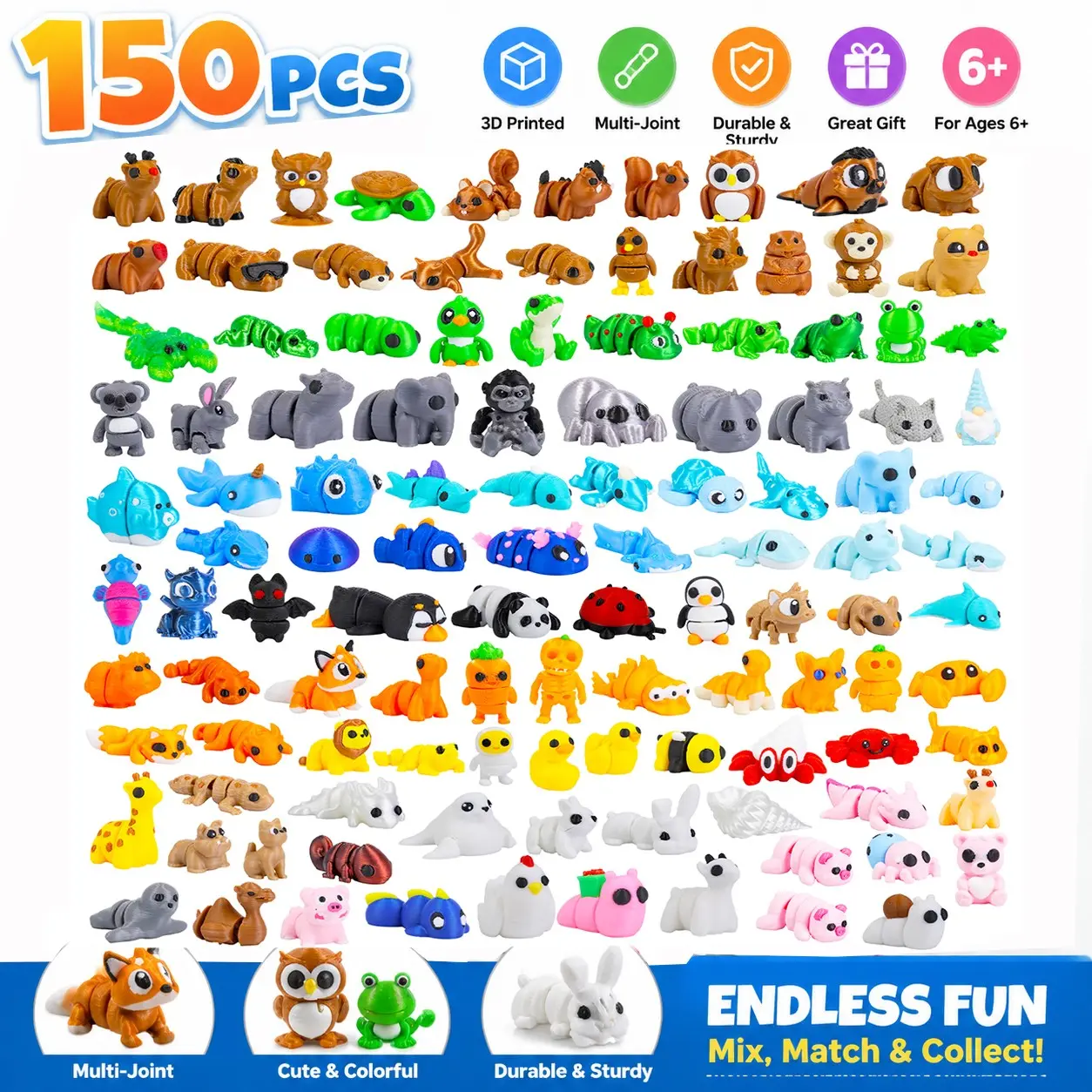150pcs 3D Printed Multi-Joint Animal Set, Large Capacity Colorful Cute Cartoon Mini Models, Articulated Animal Figurines, Interactive Stress Relief, Birthday Gift, Creative Present