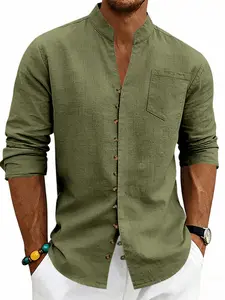 Men's Linen Stand Collar Long Sleeve Shirt, Casual Button Collared, Button Down Casual Top with Chest Pocket, Lightweight Breathable Shirts for Beach Vacation Daily Wear