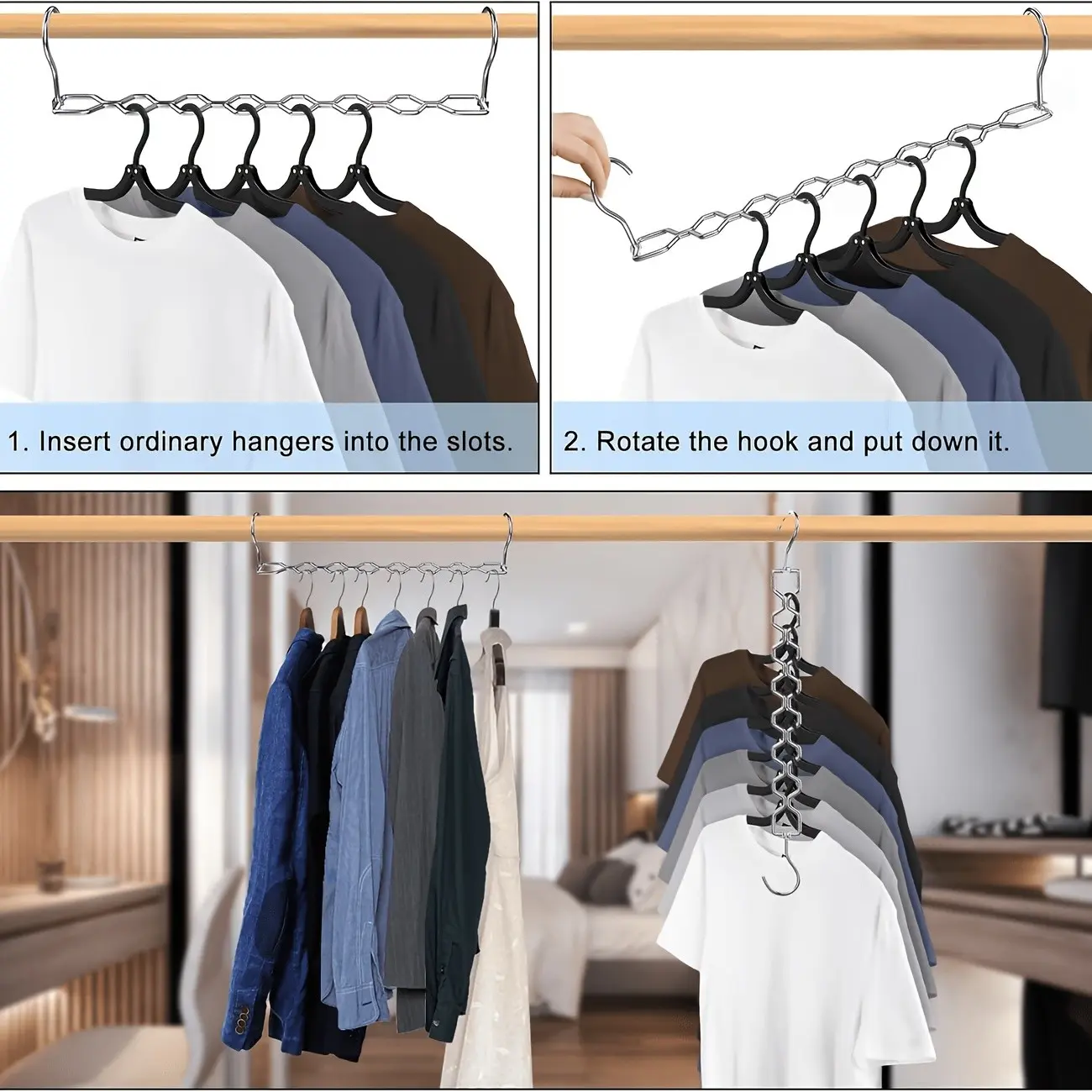 2-Piece Magic Hangers, 30lbs Capacity Metal Rack, 360° Rotating Hook, Small Apartment Dorm Clothes Storage Essential