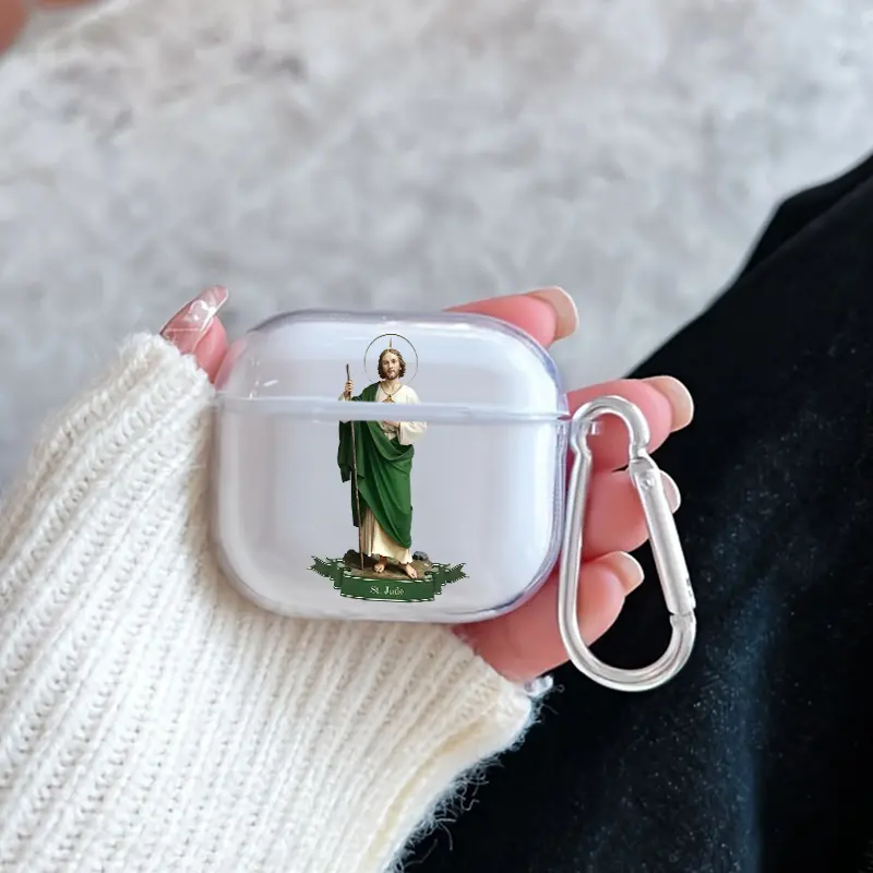 Saint Jude Statue Pattern TPU Soft Protective Case for AirPods 1/2/3/4/Pro/Pro2, Transparent Headphone Accessories with Keychain, Offering Protection for Earphones