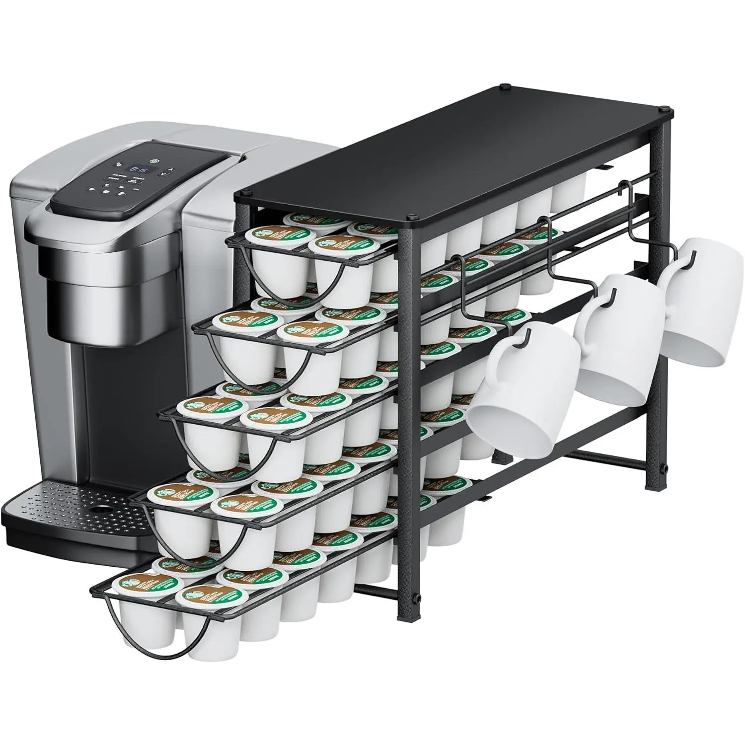 Coffee Pod Holder For Counter, Pod Holder for K-cups, 5-tier Metal Coffee Capsule Storage Drawer, 70 Capacity Pods Organizer for Cafe Counter, Home, Office or Kitchen,3 cup rack, Black