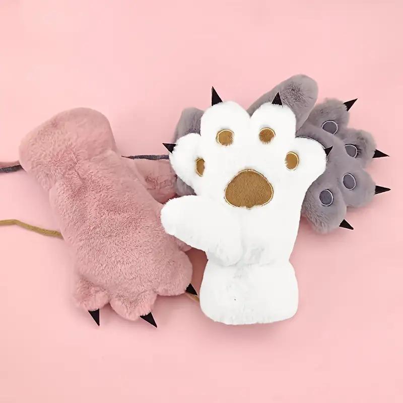 1 Pair Girls' Winter Plush Bear Paw Gloves - Cute Cartoon Bear Face with Expressive Eyes & Nose, Thick Warm Fleece-Lined Hand Warmers for Old