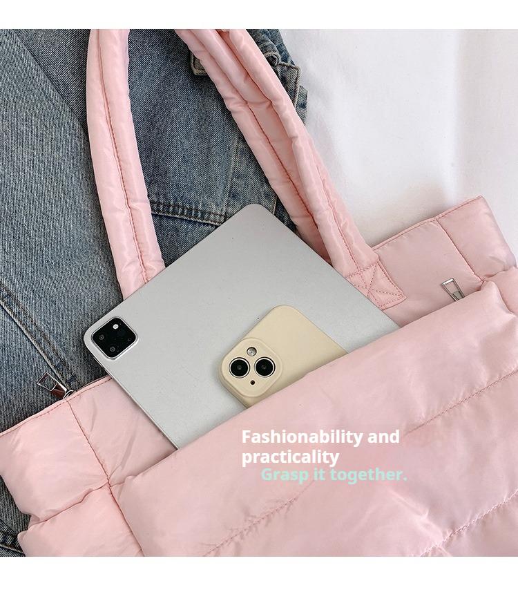 Cozy Blush Pink Cloud Tote Bag, Lightweight Quilted Padded Shoulder Handbag With Soft Fabric, Spacious Compartment For Everyday Use, Work Commute, Weekend Trips And Travel Essentials