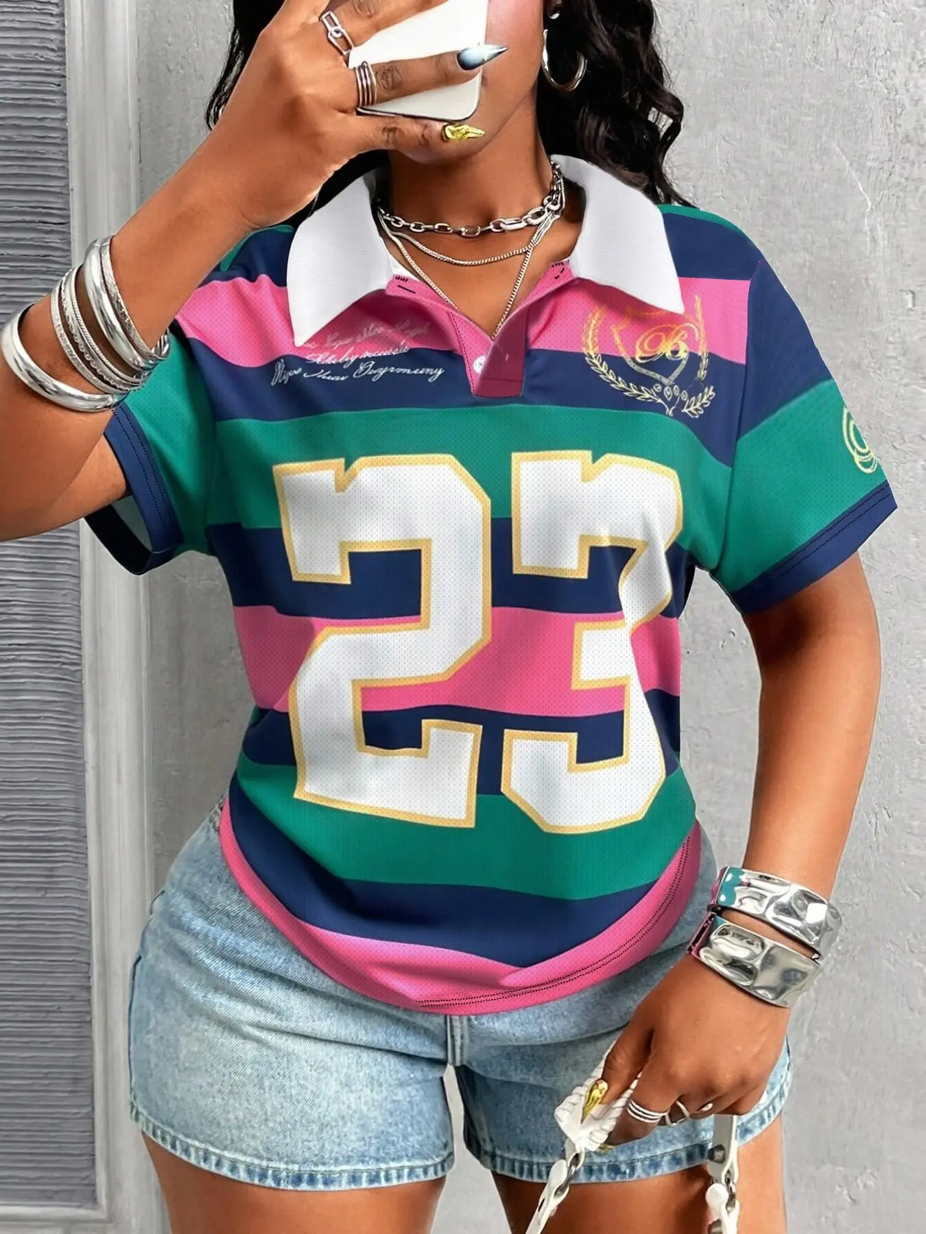 Street Fashion Sporty Colorblock Striped Casual Comfy Collared Polo Shirt Top for Women, Number 23 Print Slim Fit Daily Wear, Streetwear