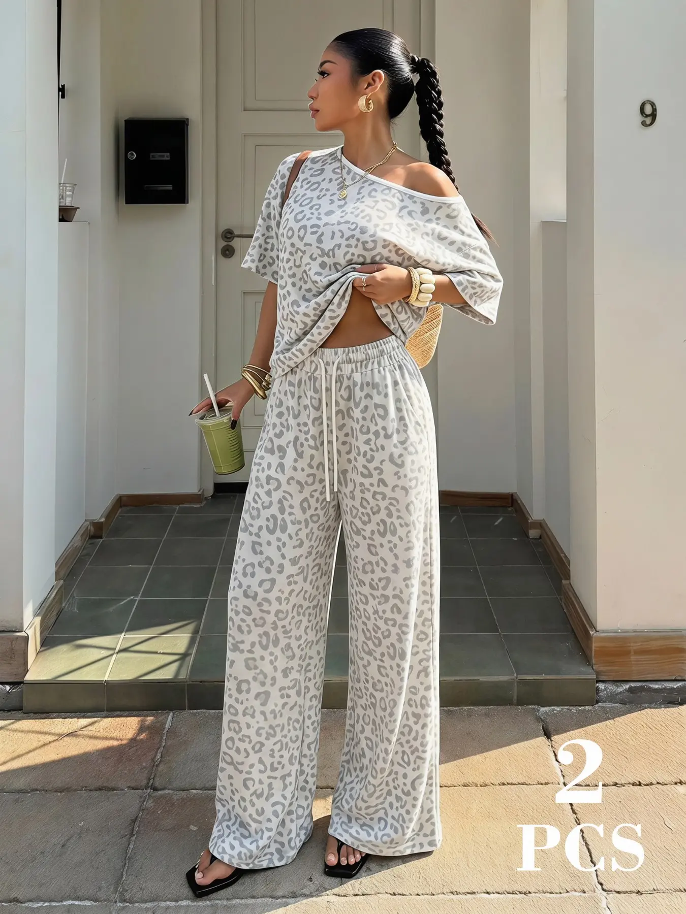 Light gray leopard print 2-piece outfit, off-shoulder loose short-sleeve top & drawstring wide-leg trousers. Soft draping fabric, casual style for vacation, home and daily wear