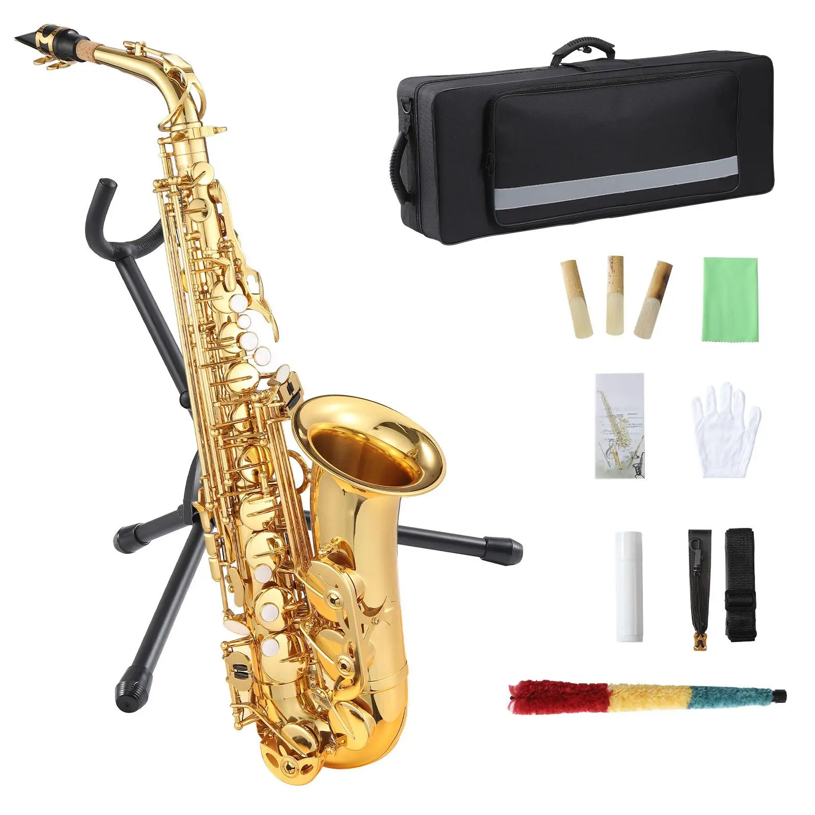 Generic Brand High Gloss Gold Lacquer Brass Eb Alto Saxophone Set for Students & Beginners, Professional School Band Starter Kit with Stand, Backpack Case, Mouthpiece, Reeds & Cleaning Kit, Easy to Play for Kids & Adults