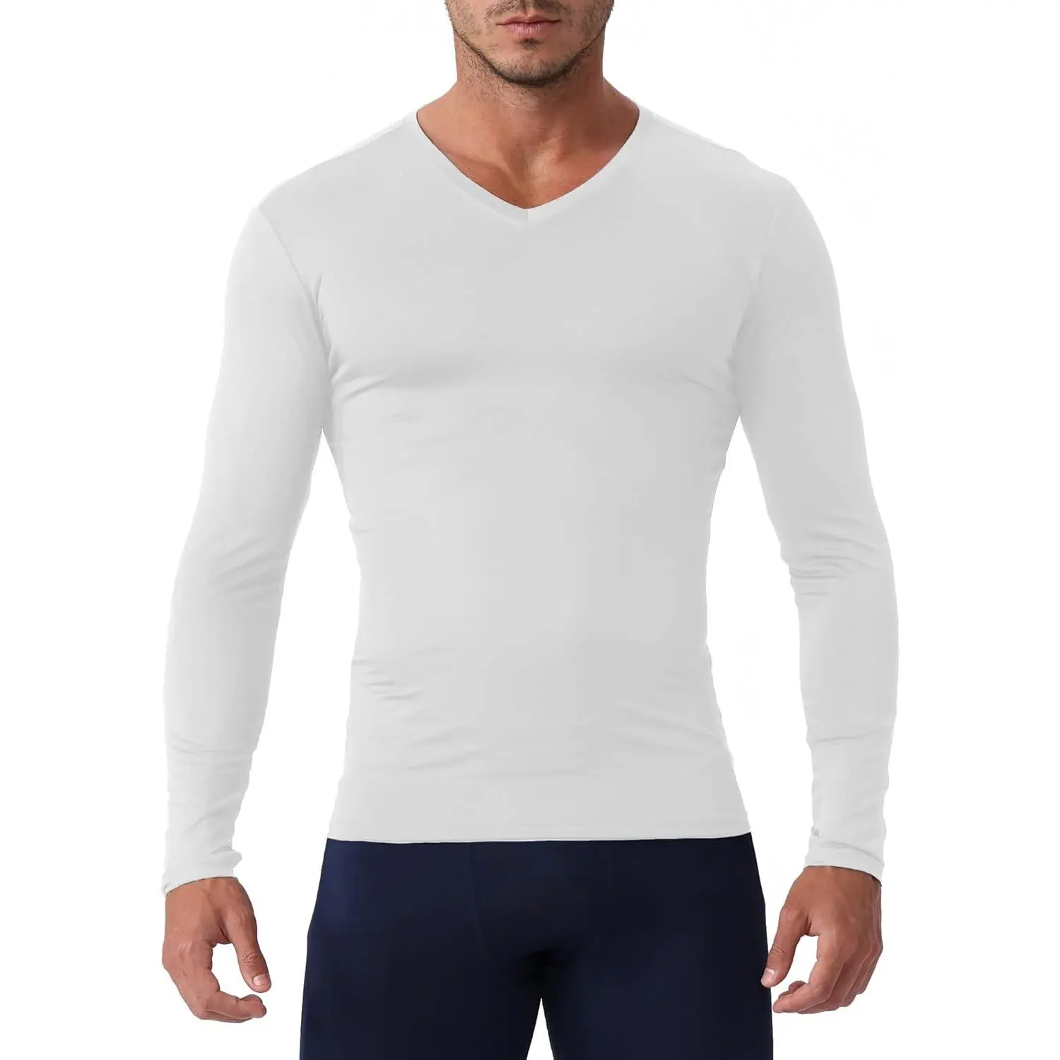 Men's Compression Shirt V Neck Long Sleeve Workout Shirts Athletic Gym Undershirts Active Sports Base Layer Tops