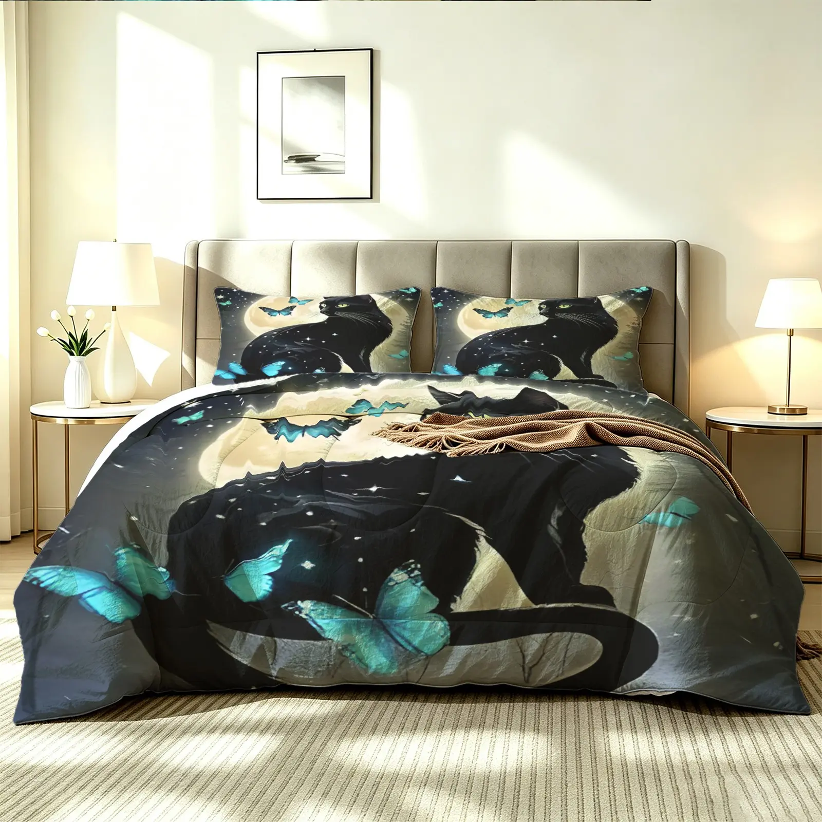 2/3pcs Mystical Black Cat Moon Butterfly Floral Digital Print Comforter Set, Quilt Bedding Set with Pillowcase, Soft Microfiber, Magical Gothic Pattern, Fantasy Bedroom Decor, Great Home Bedding for Cat & Dark Aesthetic Lovers