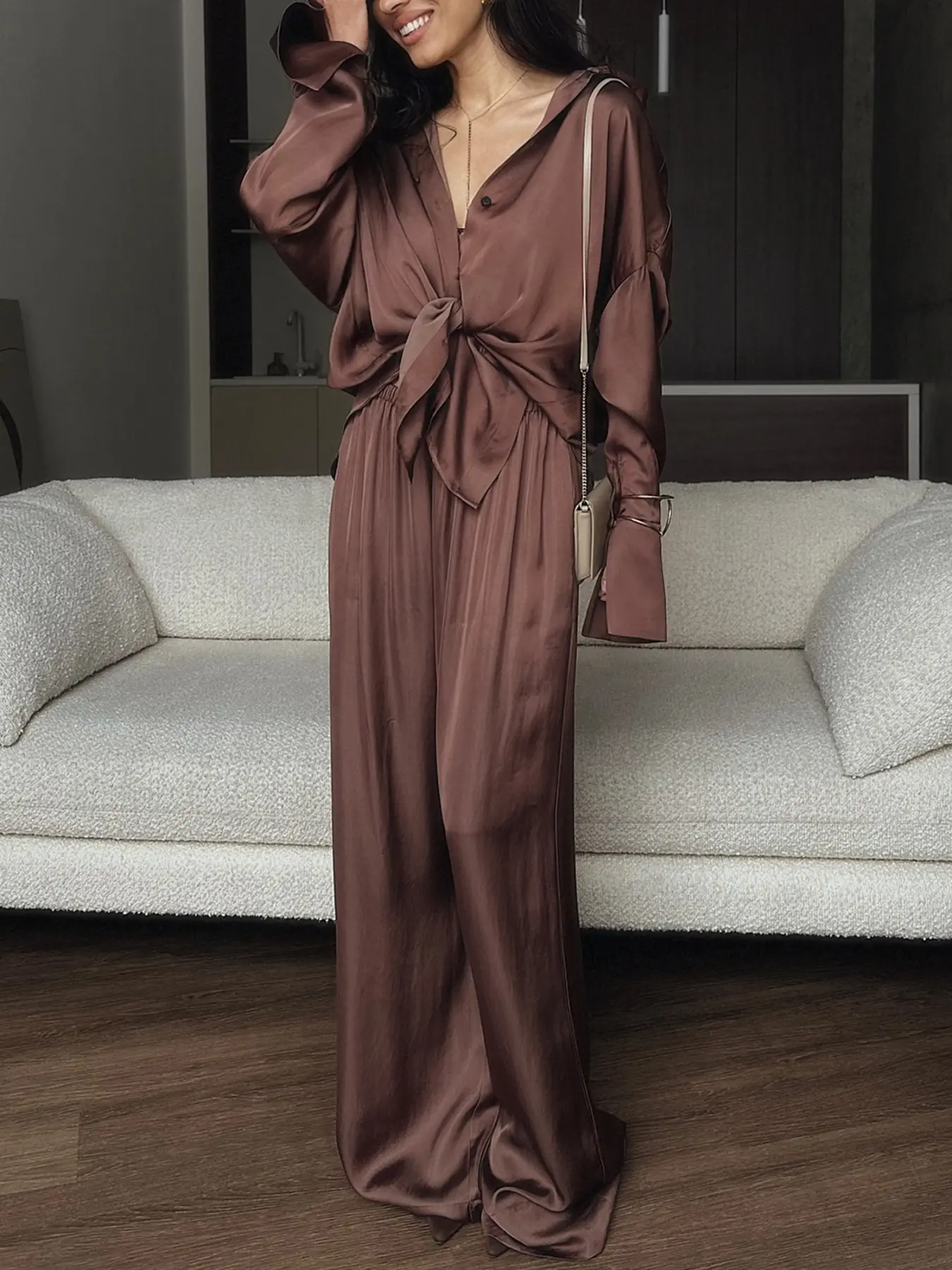 Minimalist Satin Long Sleeve Shirt and Elastic Waist Wide Leg Pants Set, Two-Piece Women's Outfit for Casual Elegant Everyday Wear