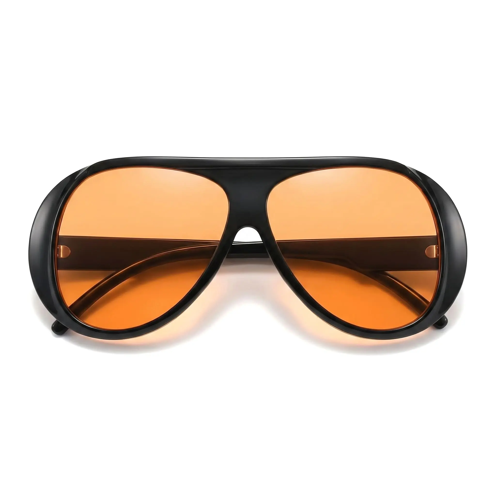 Unisex Oversized Retro Aviator Sunglasses - Chunky Black Aviator Sunglasses Frames, 70s Trendy Vintage Shades with Amber Tinted Lenses, High Quality Casual Style Eyewear for Streetwear for Women, Trendy Vintage Sunglasses