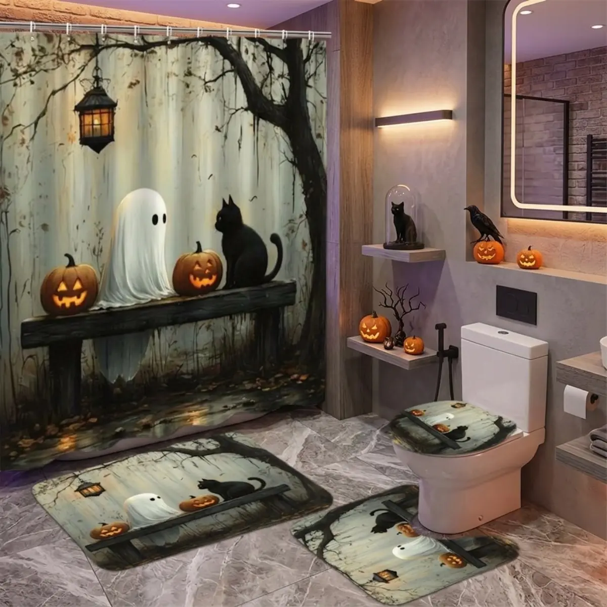 4-Piece Halloween Spooky Forest Shower Curtain Set with Black Cat & Glowing Jack-o'-Lanterns Pattern, Vintage Style Bath Mat Set for Fall Party Home Decor, Bath Accessories