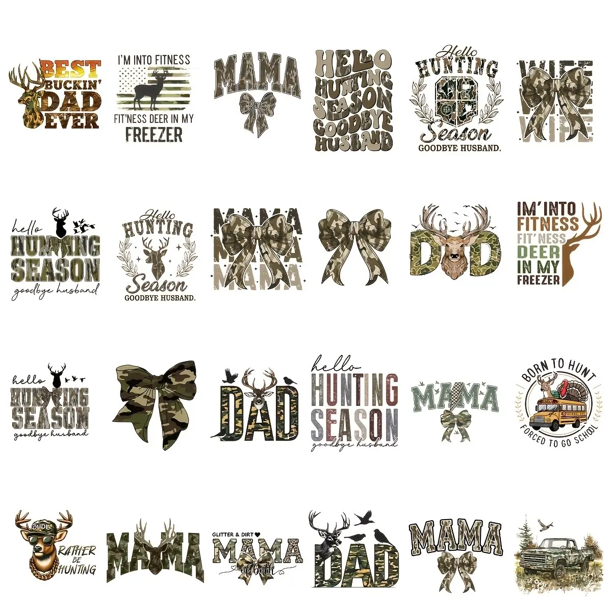36-Piece Hunting Season DIY Clothing Kit, Includes T-Shirts, Masks, Jeans, Backpacks, DTF Transfer Stickers, Washable Heat Press Design