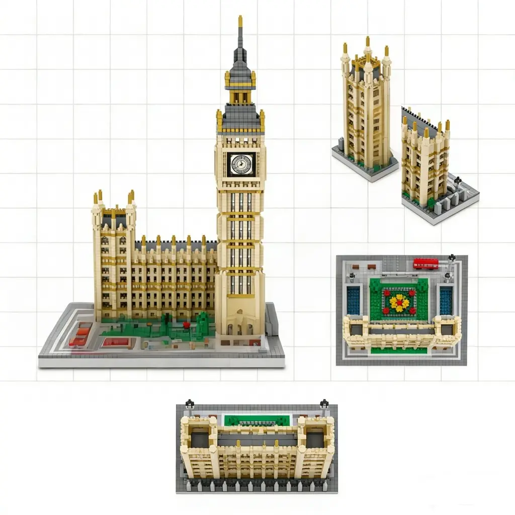 Big Ben Building Kit, Detailed Vertical Stone Windows, Multi-Layer Tower Components, Durable Interlocking Pieces, European City Sandbox, Model Building Kits